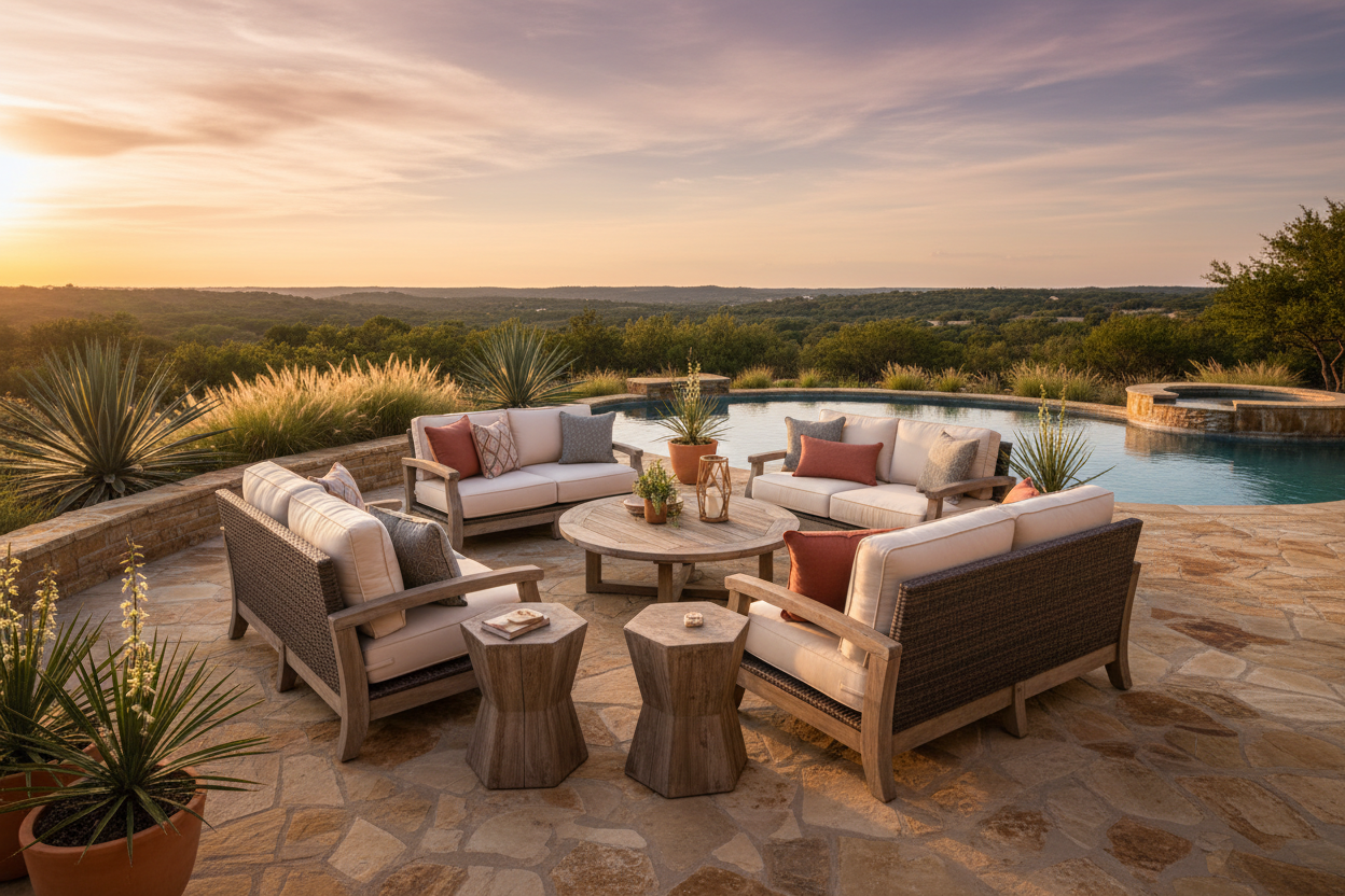 conversational furniture outdoor set of 5 pieces on a texas inspired backyard close to a pool