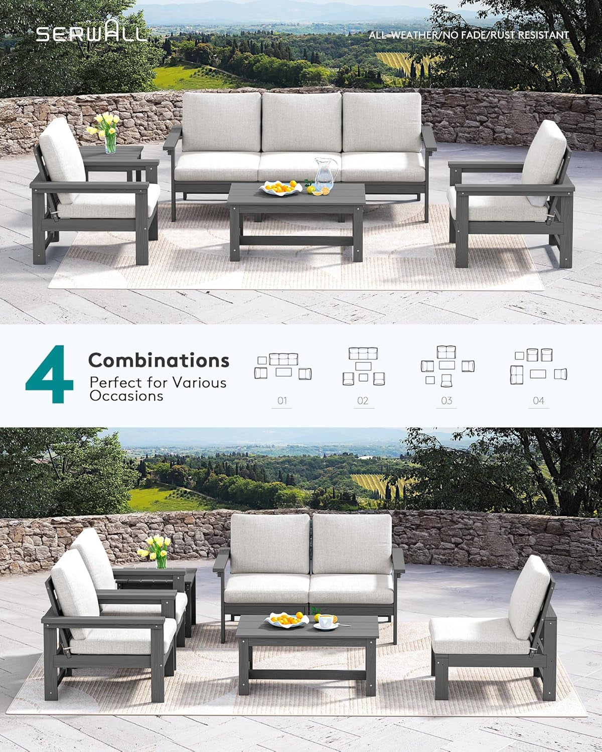 HDPE Outdoor Patio Set 7 Piece Grey Frame Khaki Cushions