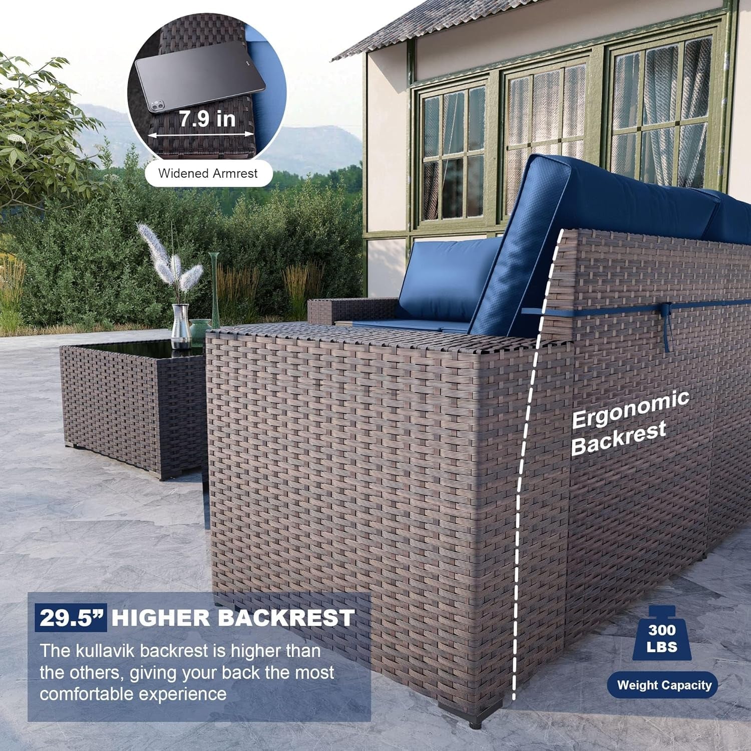 Navy Blue 6 Piece Outdoor Patio Sectional Sofa Set With PE Rattan
