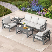 HDPE Outdoor Patio Set 7 Piece Grey Frame Khaki Cushions