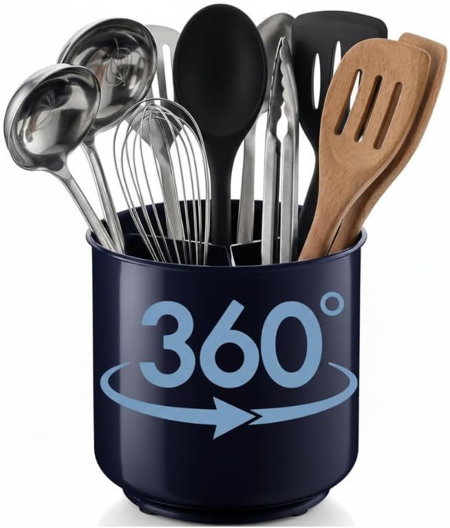 Cooler Kitchen Extra Large and Sturdy Rotating Utensil Holder Caddy with No - Tip Weighted Base, Removable Divider, and Gripped Insert | Rust Proof and Dishwasher Safe - Boske.store