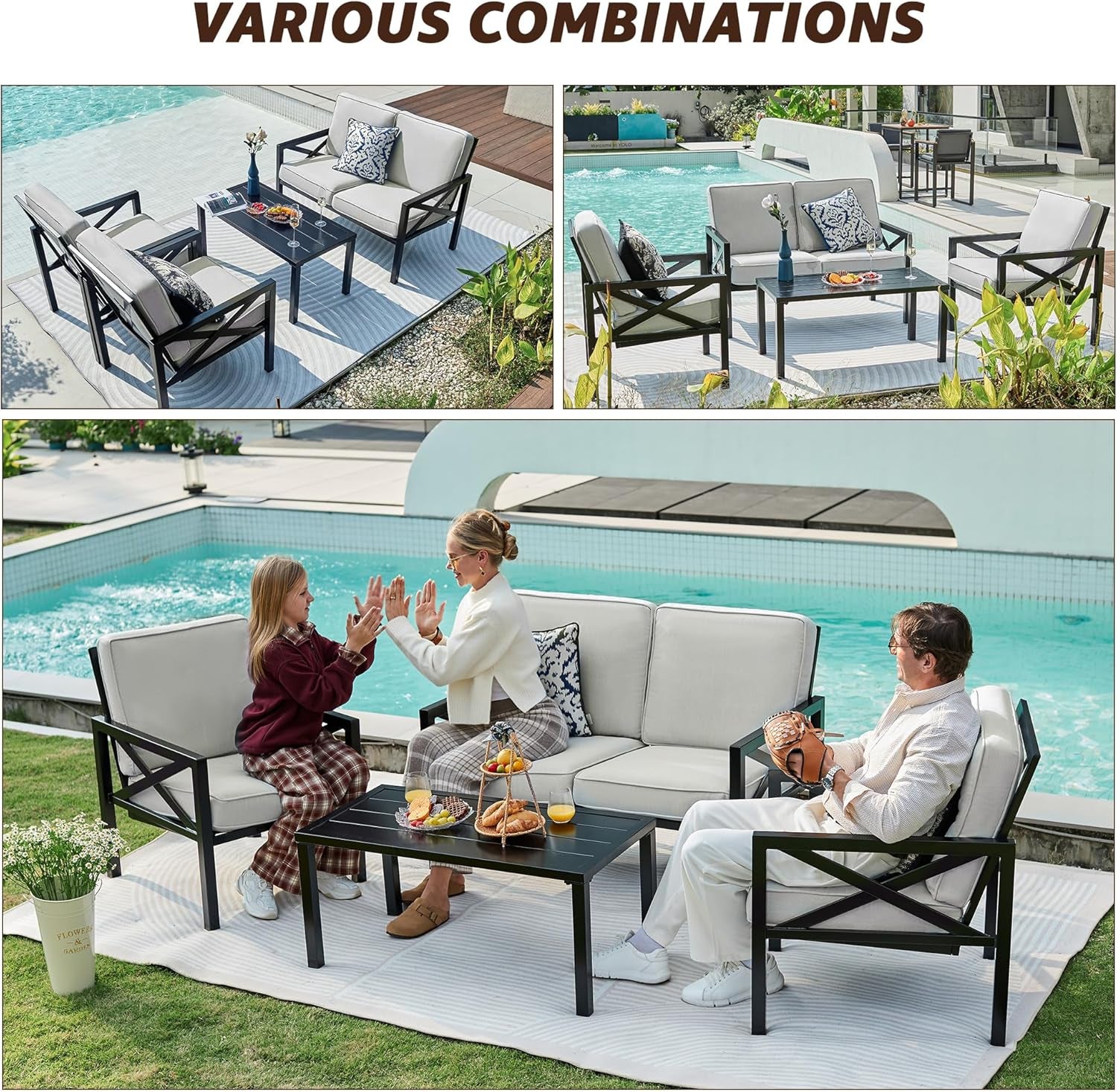 4 Piece Outdoor Metal Patio Set With 5.5 Inch Cushions And Coffee