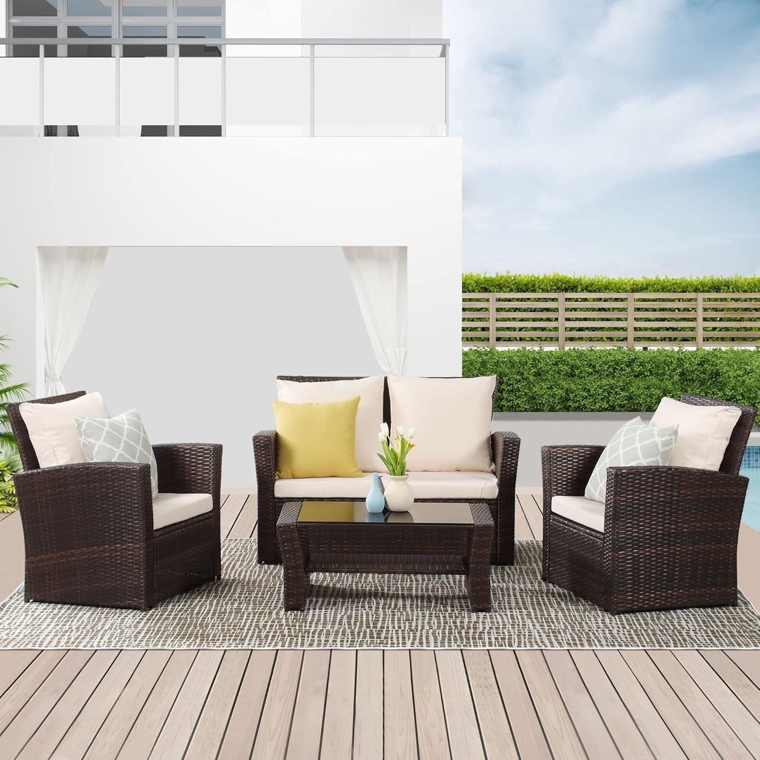 4 Piece Outdoor Wicker Patio Furniture Set Brown Cushions