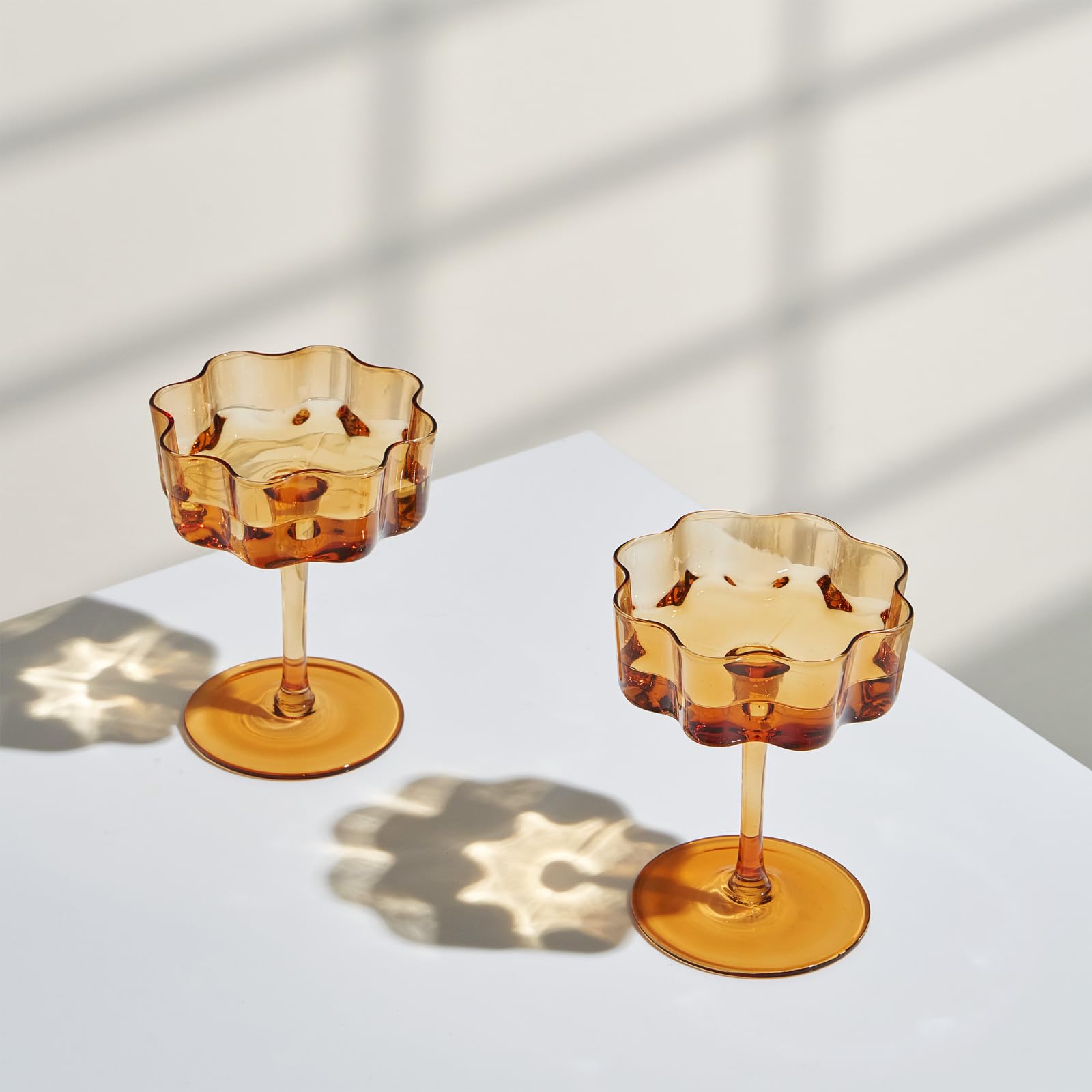 Flower Wave Coupe Cocktail Colored Glasses | Set of 2 | Amber - Boske.store