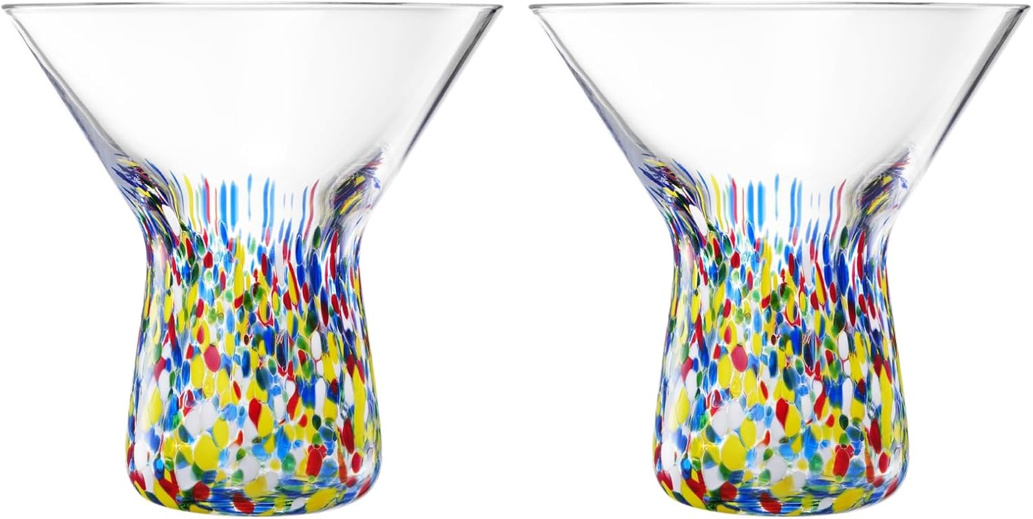 The Wine Savant Stemless Martini Glasses Hand Blown Mexican Confetti Design Colorful Glass Drinkware - Set of 2 Clear - Boske.store