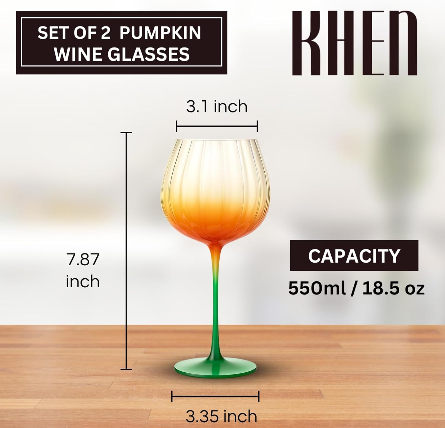 Khen Pumpkin Wine Glasses Fall Inspired Lightweight Borosilicate Decorative Drinkware Stemware - Set of 2 Orange & Green - Boske.store