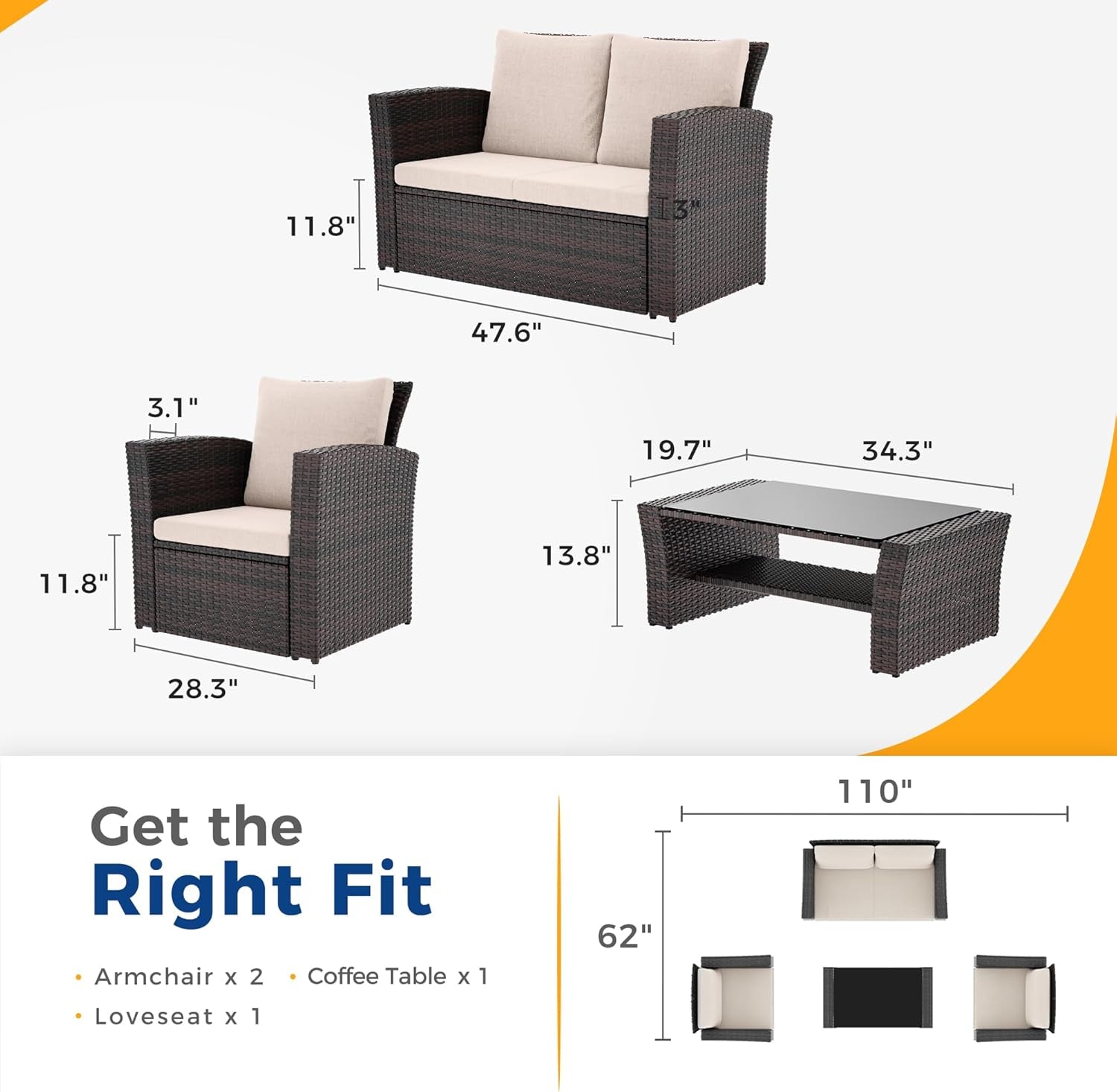 4 Piece Outdoor Wicker Patio Furniture Set Brown Cushions