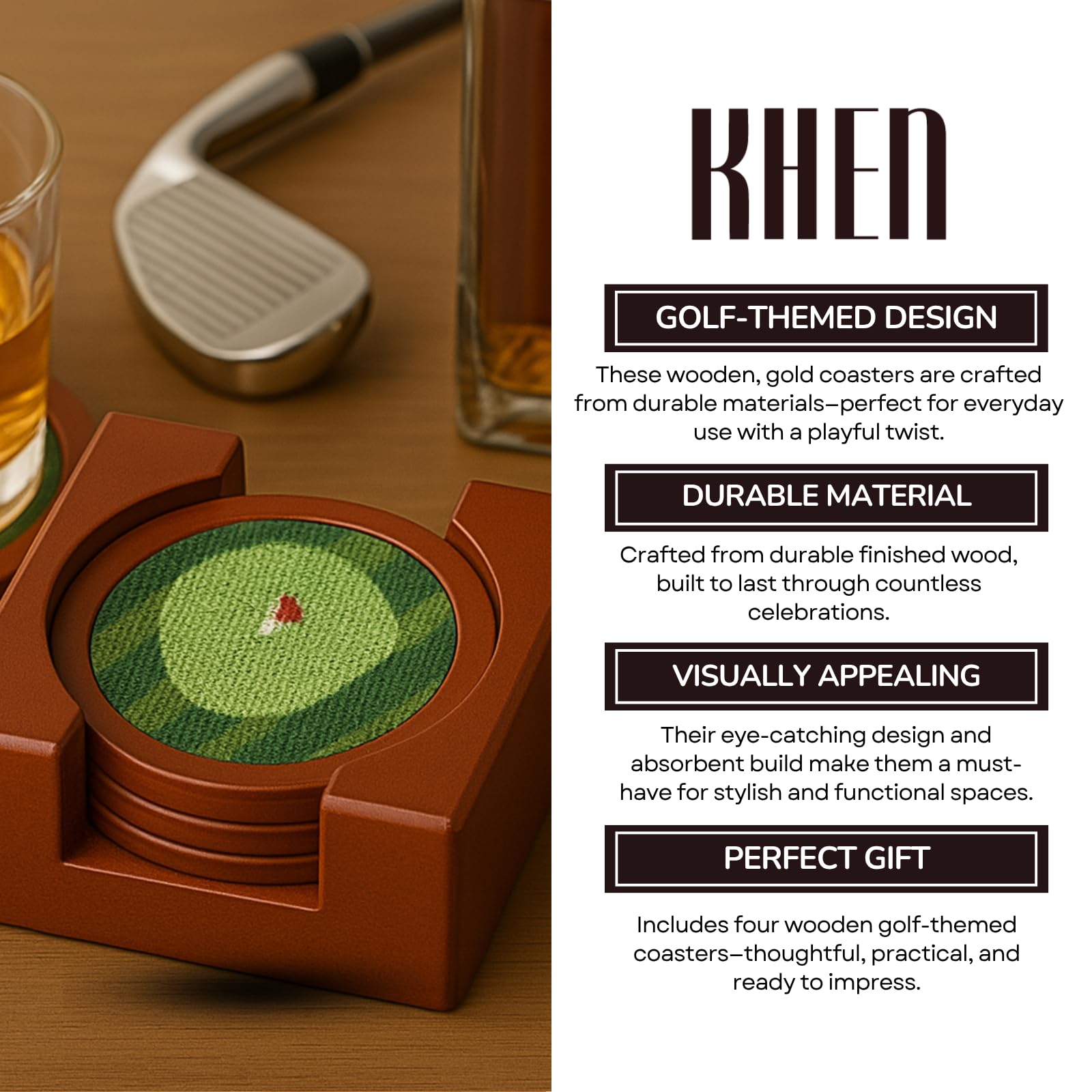 Golf Coasters, Durable Wooden Drink Coasters with Holder - Boske.store