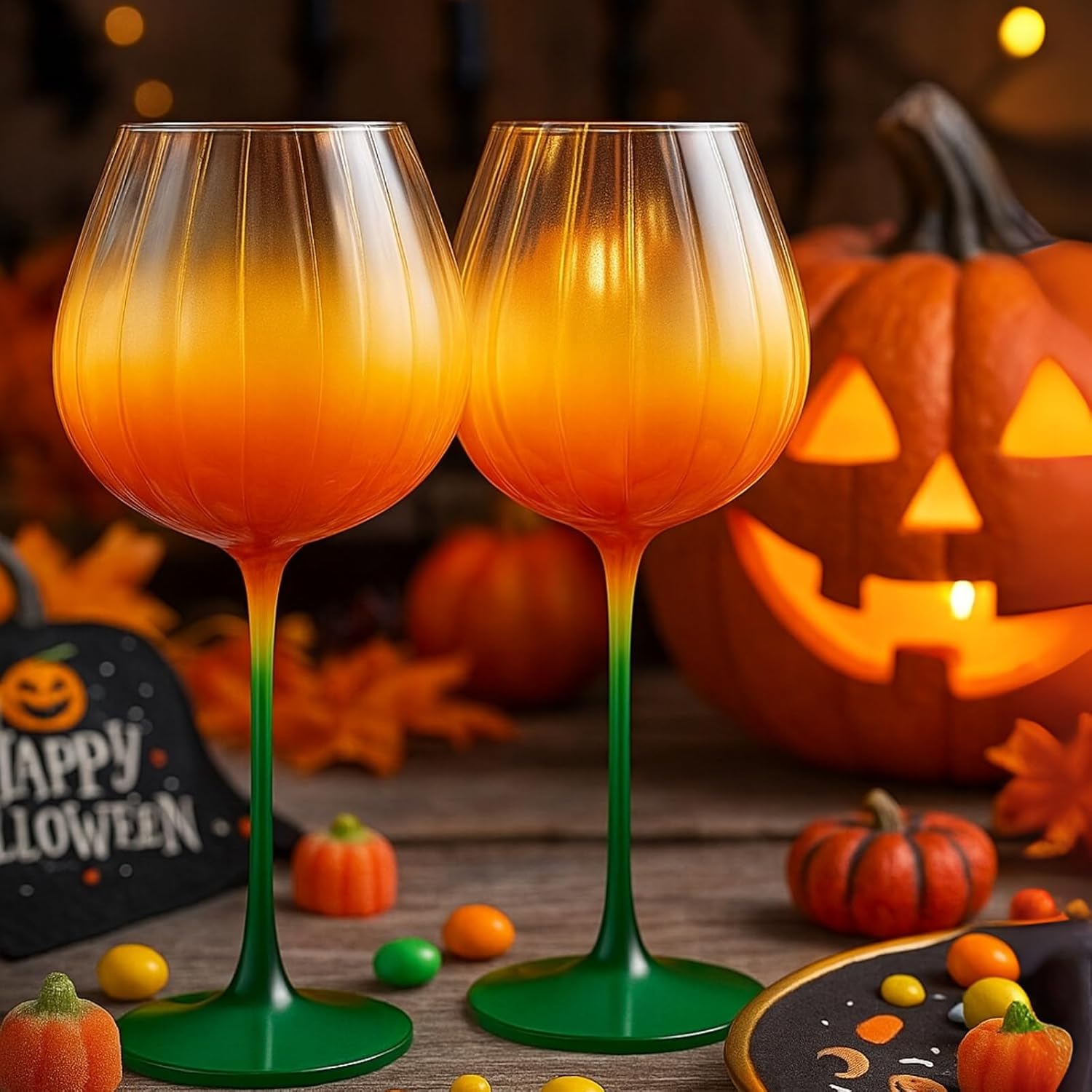 Khen Pumpkin Wine Glasses Fall Inspired Lightweight Borosilicate Decorative Drinkware Stemware - Set of 2 Orange & Green - Boske.store