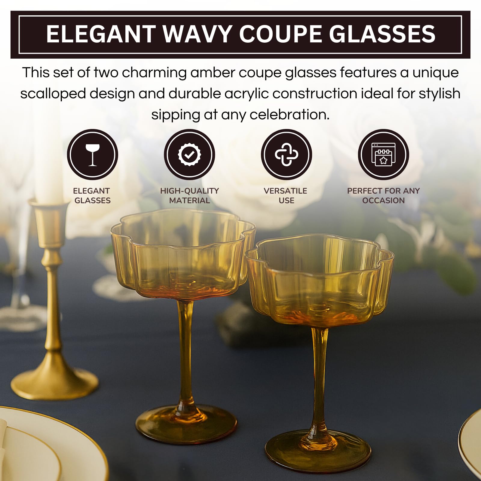 Flower Wave Coupe Cocktail Colored Glasses | Set of 2 | Amber - Boske.store