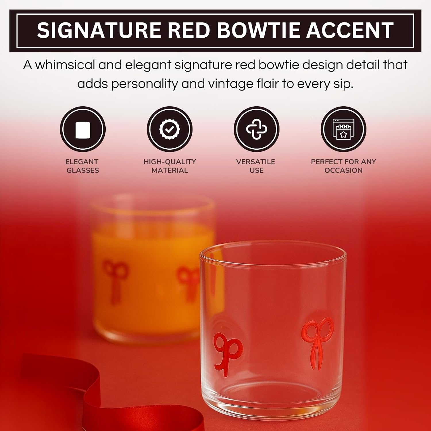Red Bowtie Tumbler | Clear Water or Juice Glasses | Set of 2 - Boske.store