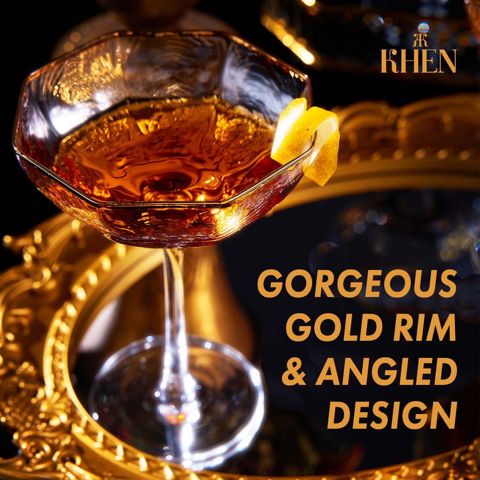 Khen Champagne Coupe Glasses Set of 4 Vintage Octagonal Gold Rim Elegant Art Glass Cocktail Goblets - 6oz Clear Gold Rim - Boske.store
