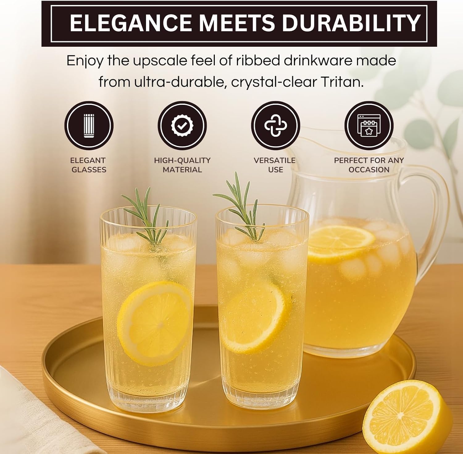 Khen Shatterproof Acrylic Ribbed Drinking Glasses Set, European Style, Dishwasher Safe, Tall | Set of 2 | Clear Tritan Drinkware, Unbreakable BPA - free Plastic, Reusable Stackable Glassware - 12OZ - Boske.store