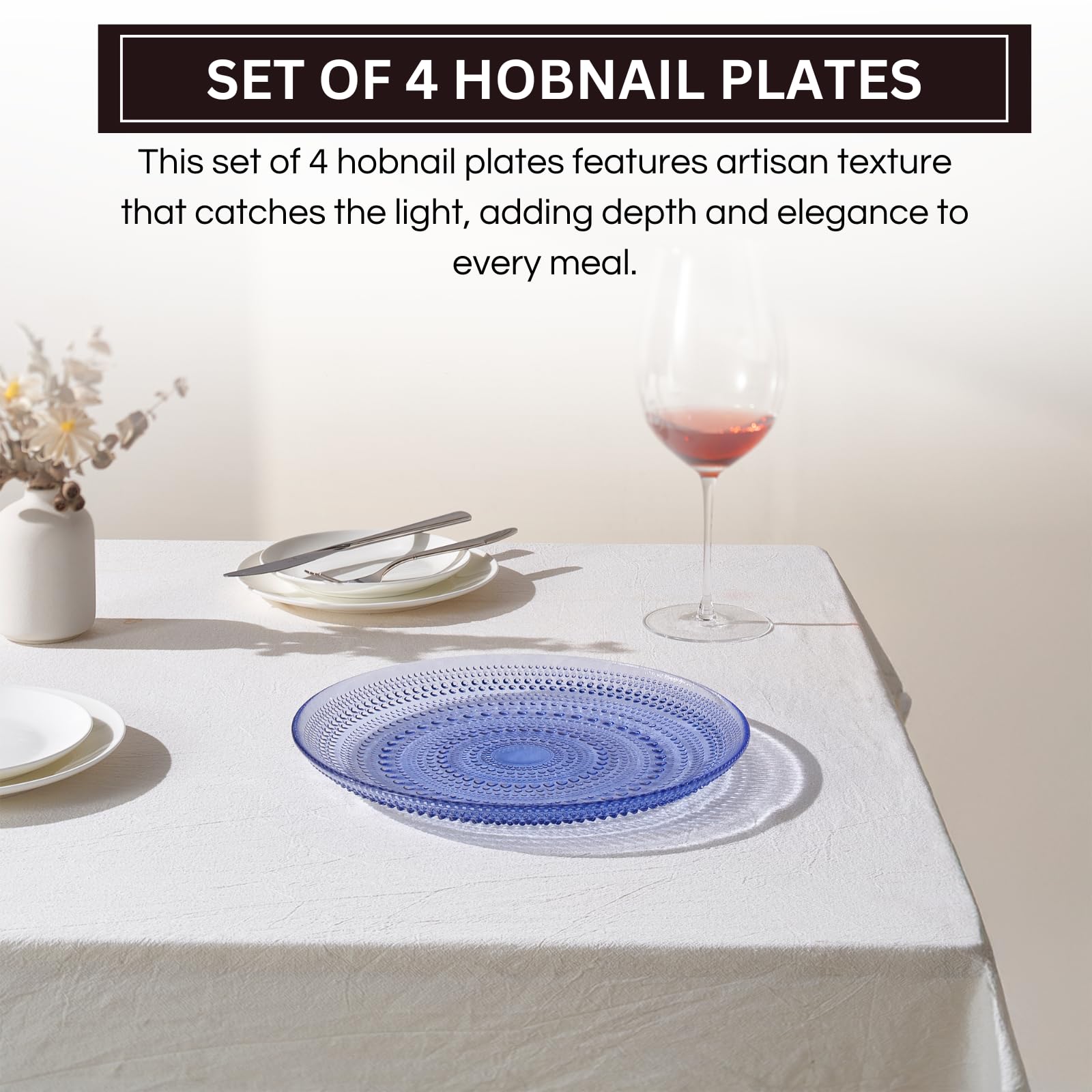 Glass Hobnail Dinner or Charger Plates | Set of 4 | Blue - Boske.store