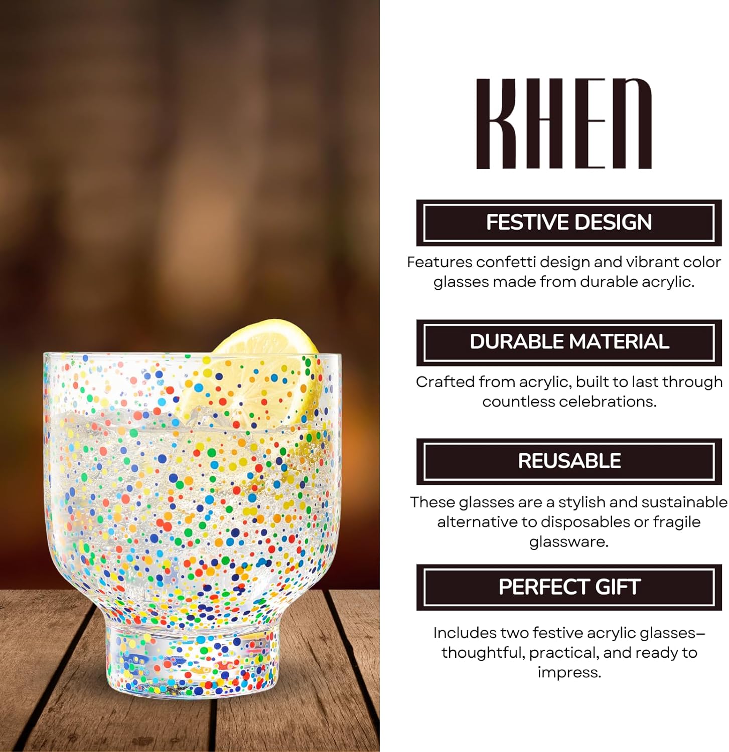 Khen Confetti Stemless Tumblers Set Colorful Drinkware Barware Clear Festive Cups - 12oz Clear - Boske.store
