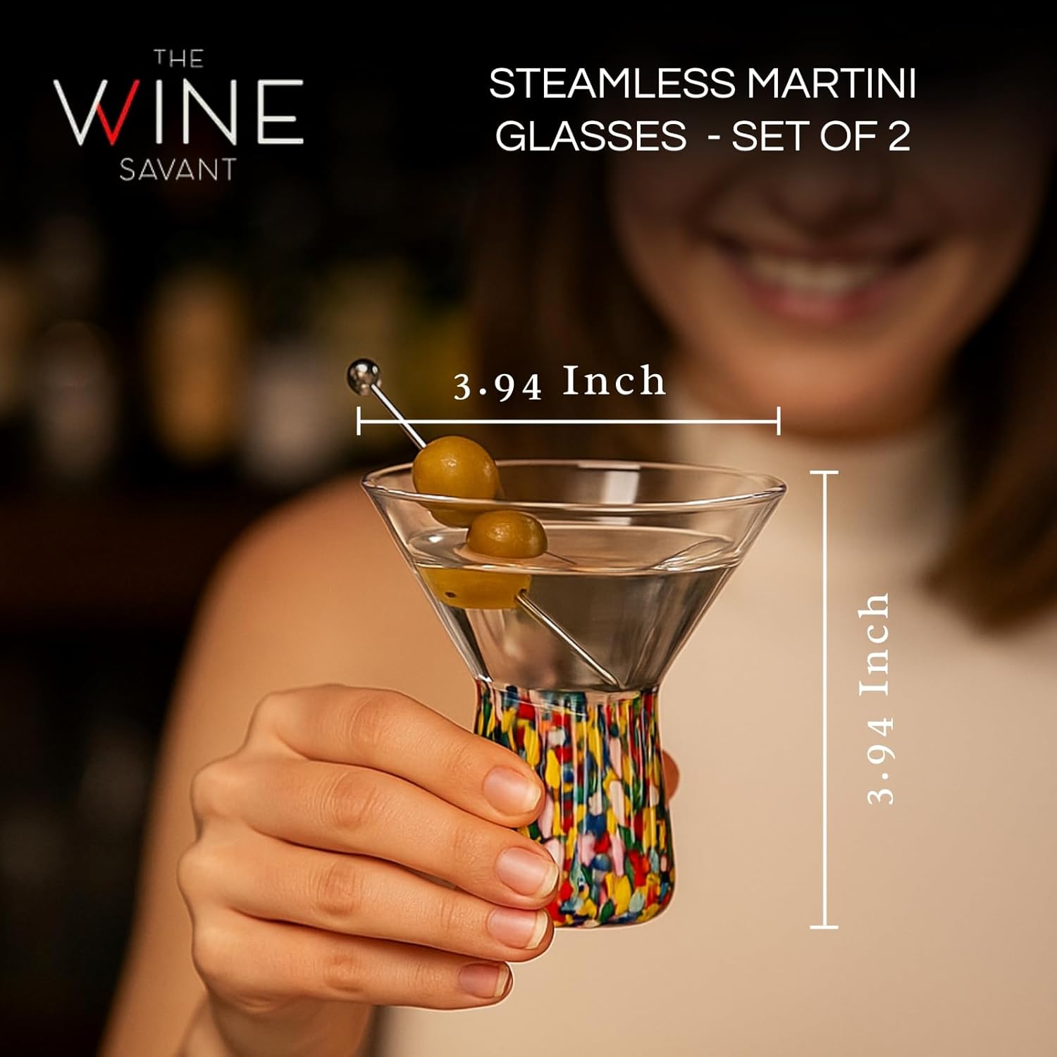 The Wine Savant Stemless Martini Glasses Hand Blown Mexican Confetti Design Colorful Glass Drinkware - Set of 2 Clear - Boske.store