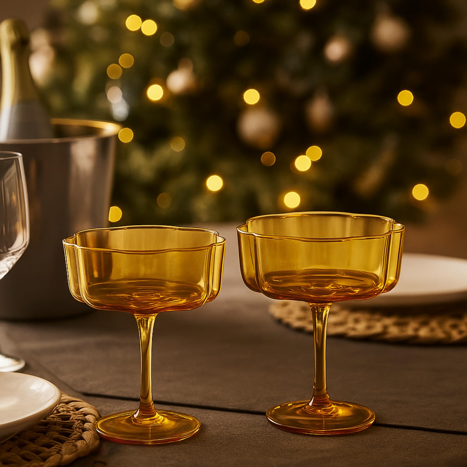 Flower Wave Coupe Cocktail Colored Glasses | Set of 2 | Amber - Boske.store