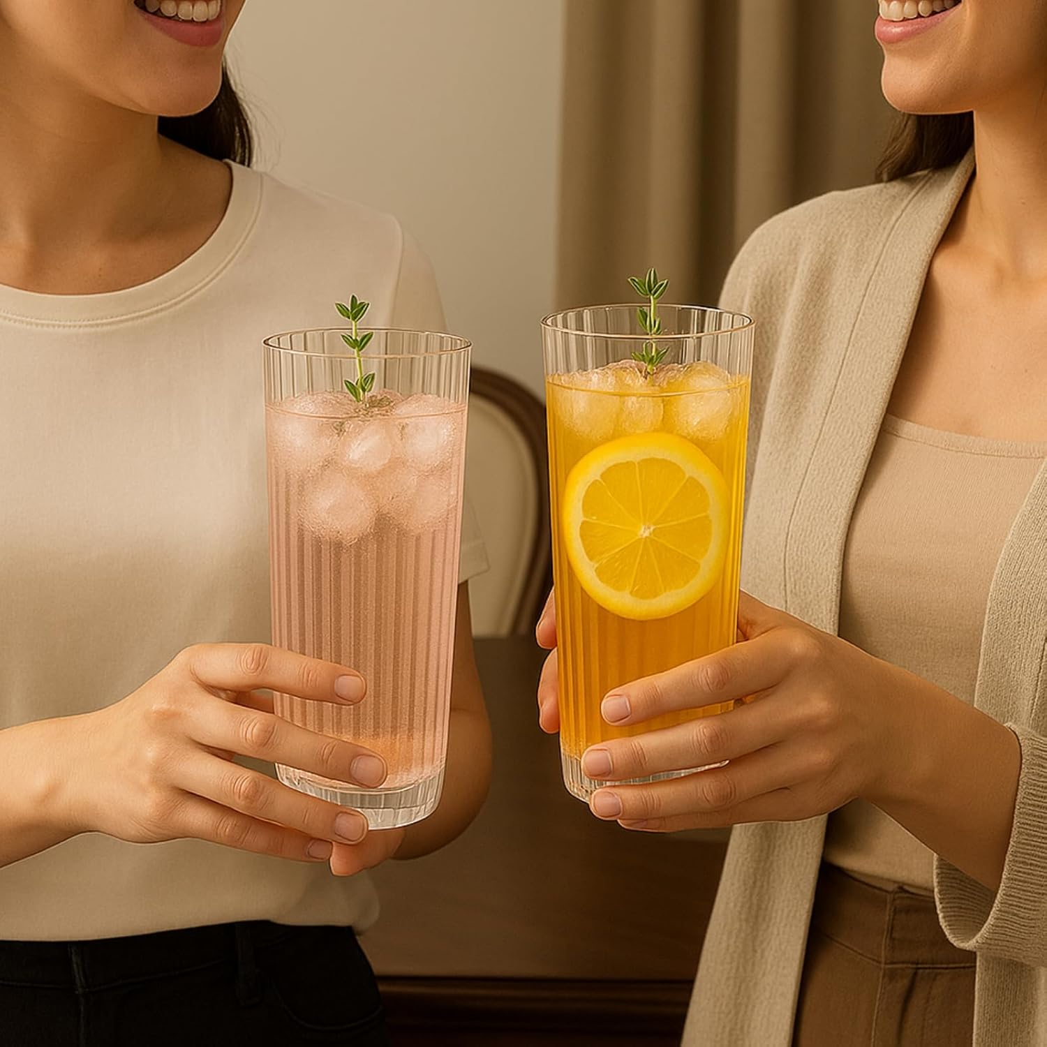 Khen Shatterproof Acrylic Ribbed Drinking Glasses Set, European Style, Dishwasher Safe, Tall | Set of 2 | Clear Tritan Drinkware, Unbreakable BPA - free Plastic, Reusable Stackable Glassware - 12OZ - Boske.store