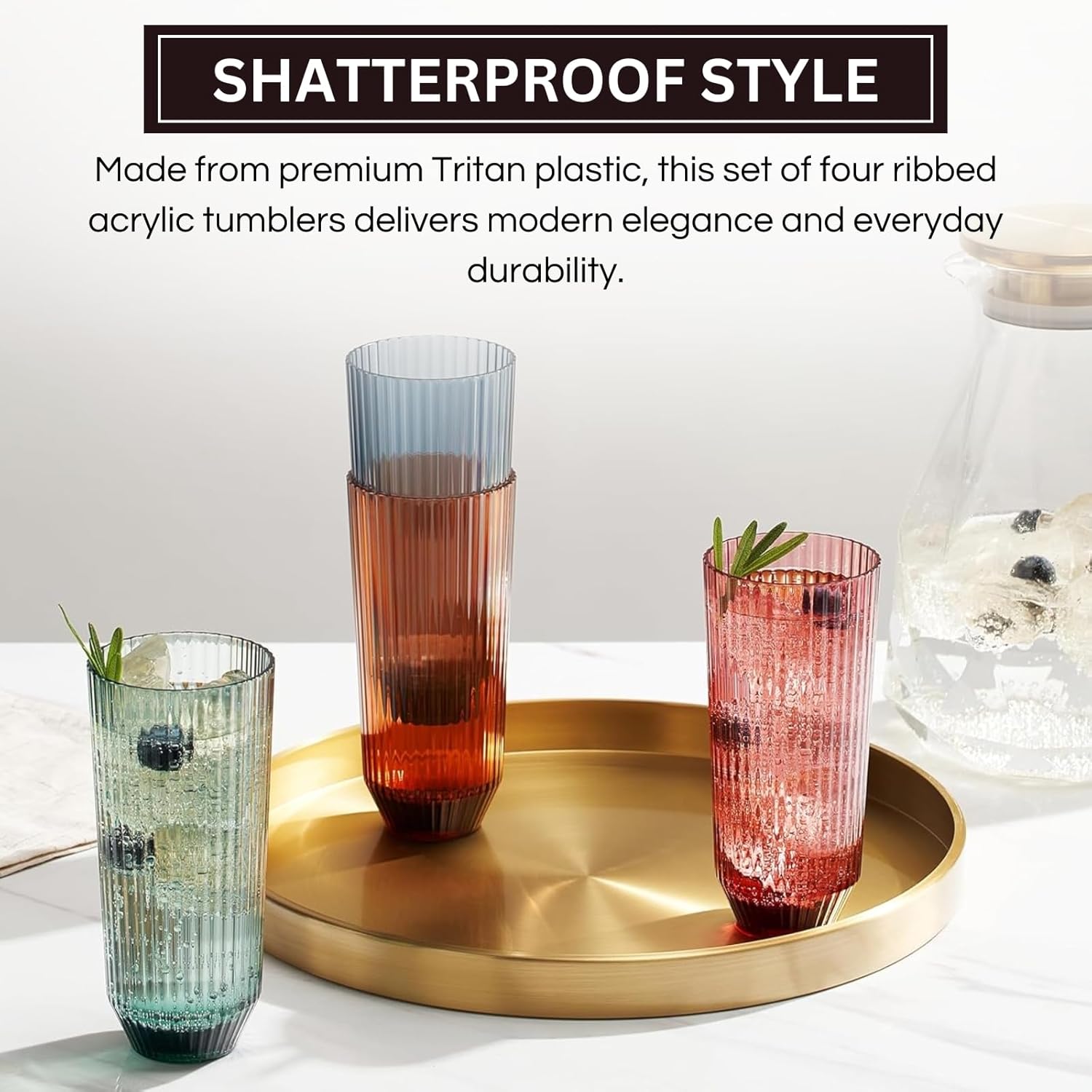 Khen Shatterproof Acrylic Ribbed Drinking Glasses Set, European Style, Dishwasher Safe, Tall | Set of 4 | Muted Tritan Drinkware, Unbreakable BPA - free Plastic, Reusable Stackable Glassware - 12OZ - Boske.store