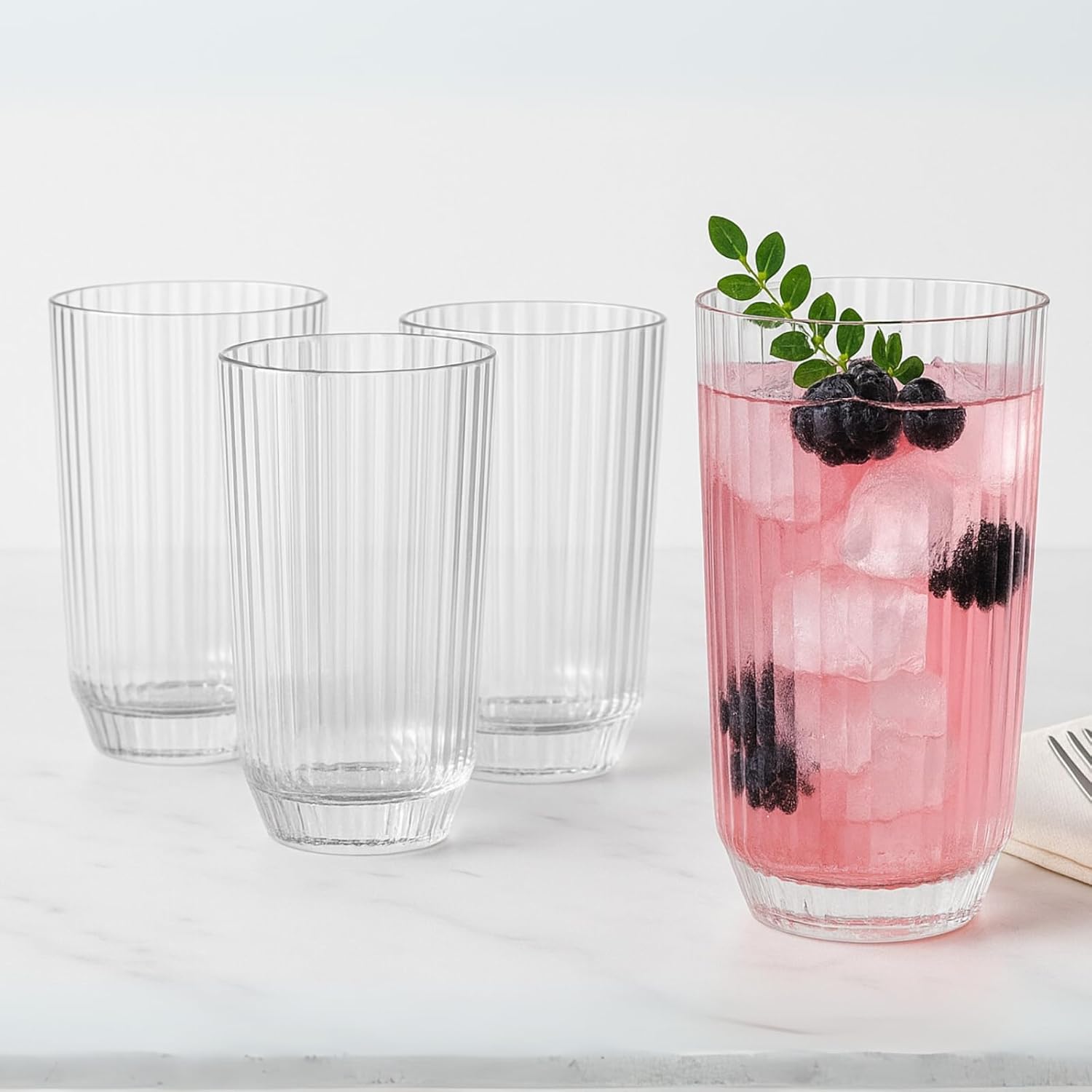 Khen Shatterproof Ribbed Drinking Glasses – Set of 4 Clear 12oz Tritan Tumblers, European Style Acrylic Drinkware – Durable, BPA - Free, Dishwasher Safe, Stackable & Unbreakable Plastic Cups - Boske.store
