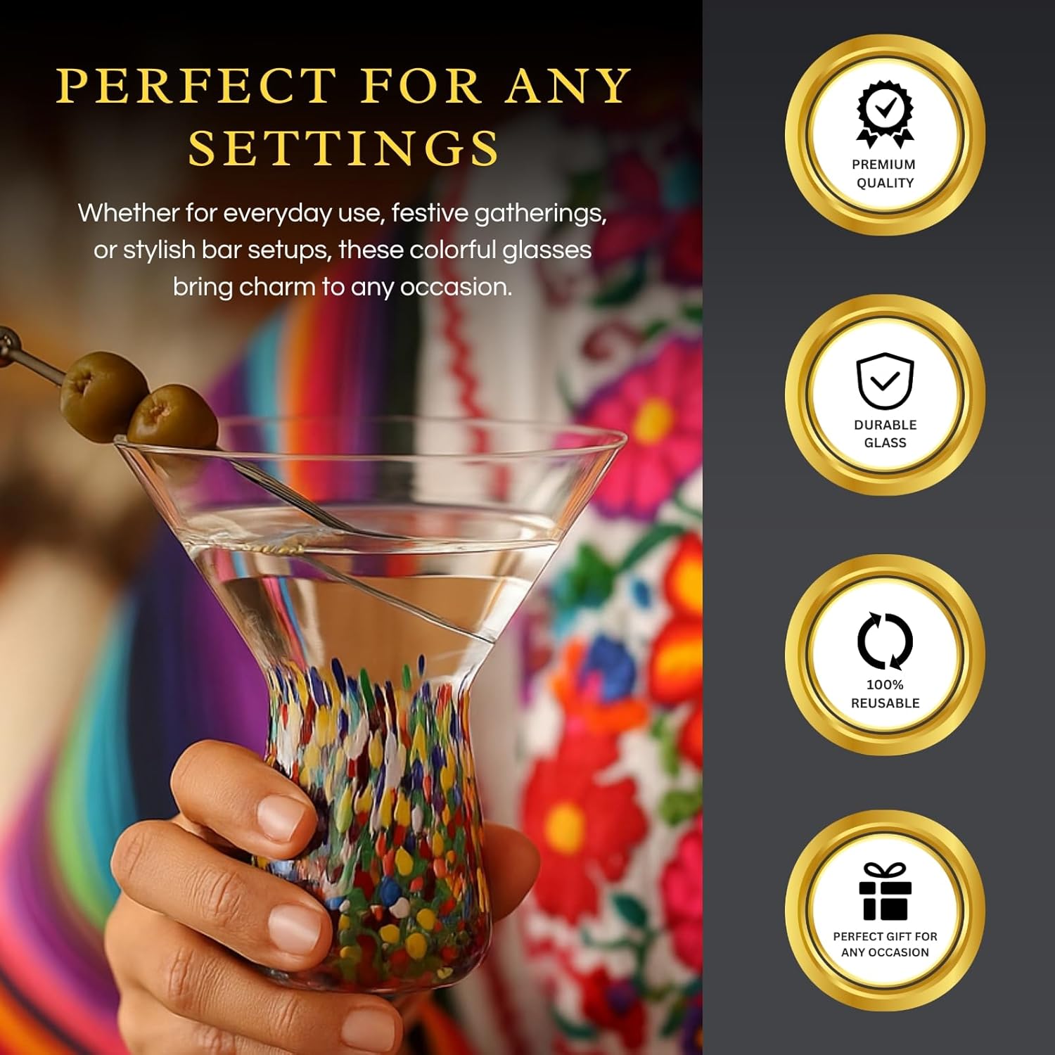The Wine Savant Stemless Martini Glasses Hand Blown Mexican Confetti Design Colorful Glass Drinkware - Set of 2 Clear - Boske.store
