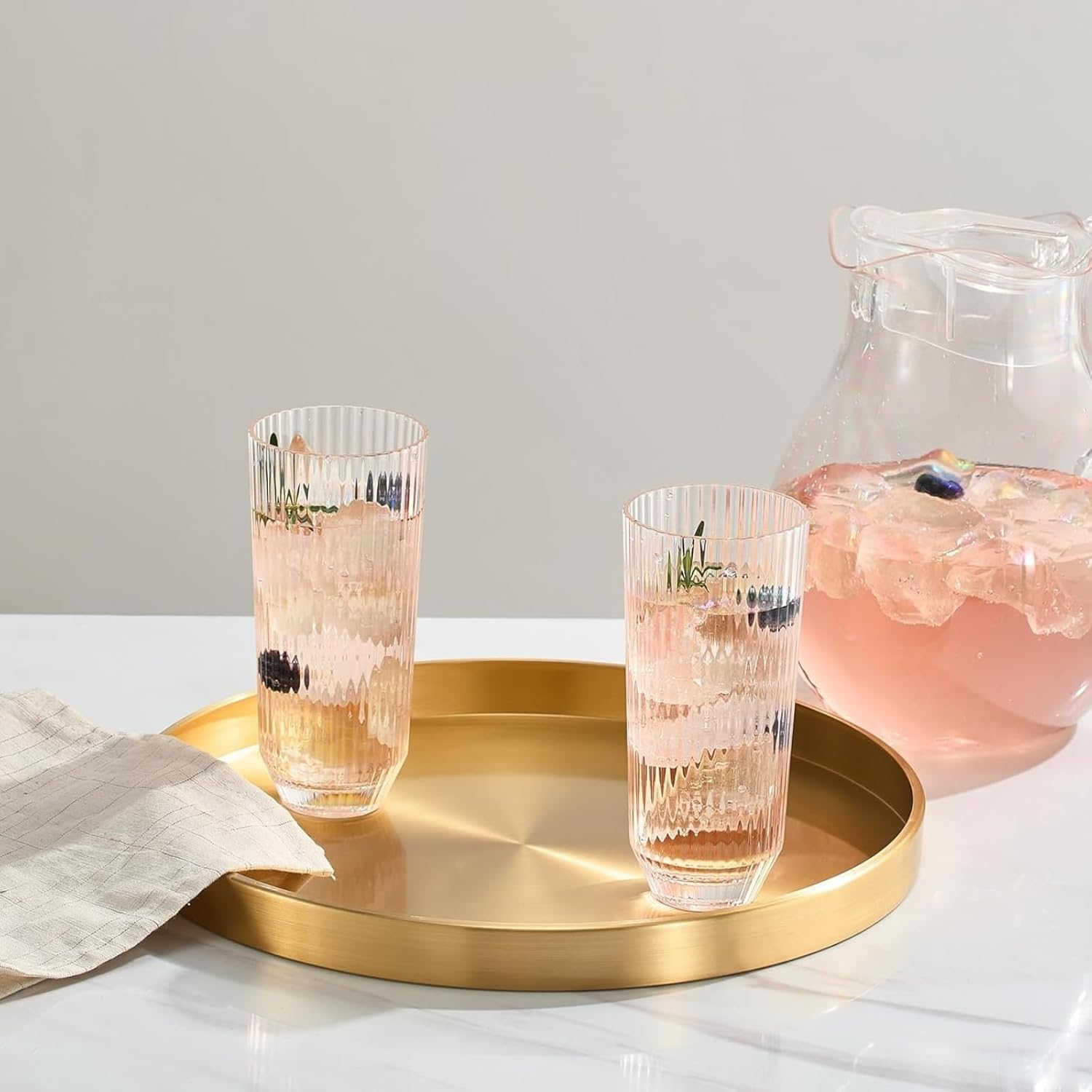 Khen Shatterproof Acrylic Ribbed Drinking Glasses Set, European Style, Dishwasher Safe, Tall | Set of 2 | Clear Tritan Drinkware, Unbreakable BPA - free Plastic, Reusable Stackable Glassware - 12OZ - Boske.store