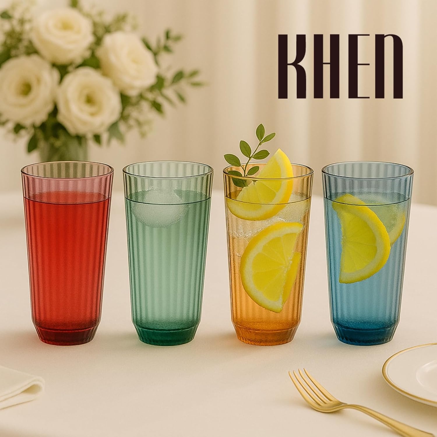 Khen Shatterproof Acrylic Ribbed Drinking Glasses Set, European Style, Dishwasher Safe, Tall | Set of 4 | Muted Tritan Drinkware, Unbreakable BPA - free Plastic, Reusable Stackable Glassware - 12OZ - Boske.store