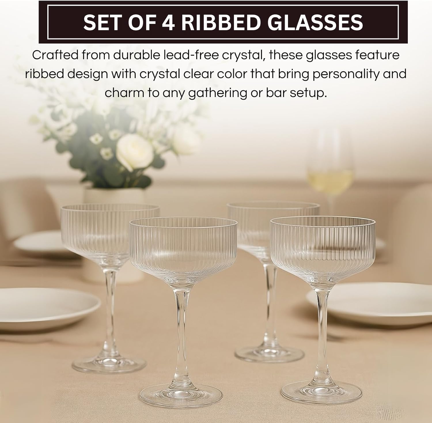 Ribbed Coupe Glasses Set Crystal Bar Drinkware Vintage Style Cocktail Martini Champagne Glassware – 10oz Clear - Boske.store