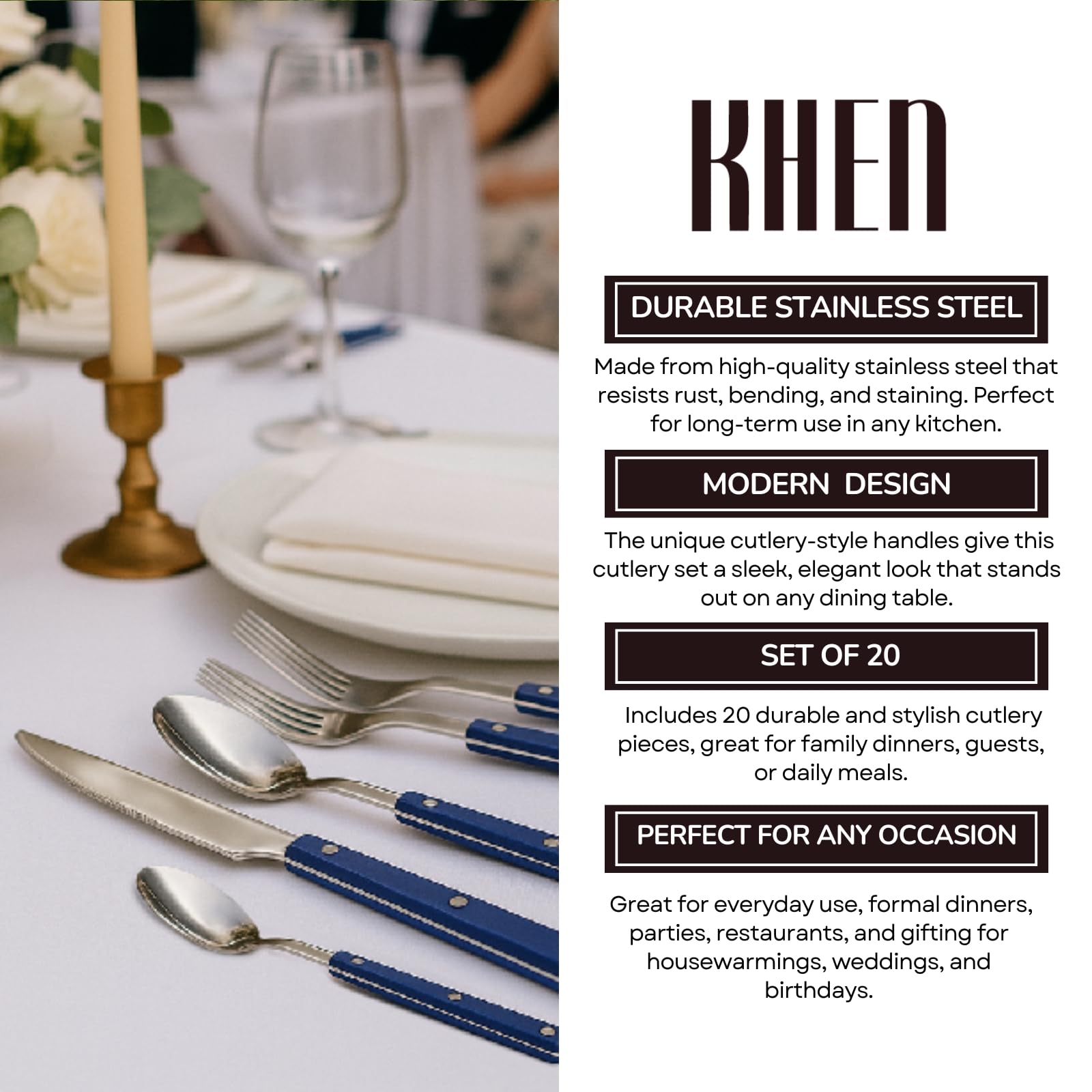 Khen Blue Cutlery Set of 20 –18/8 Stainless Steel Flatware - Boske.store