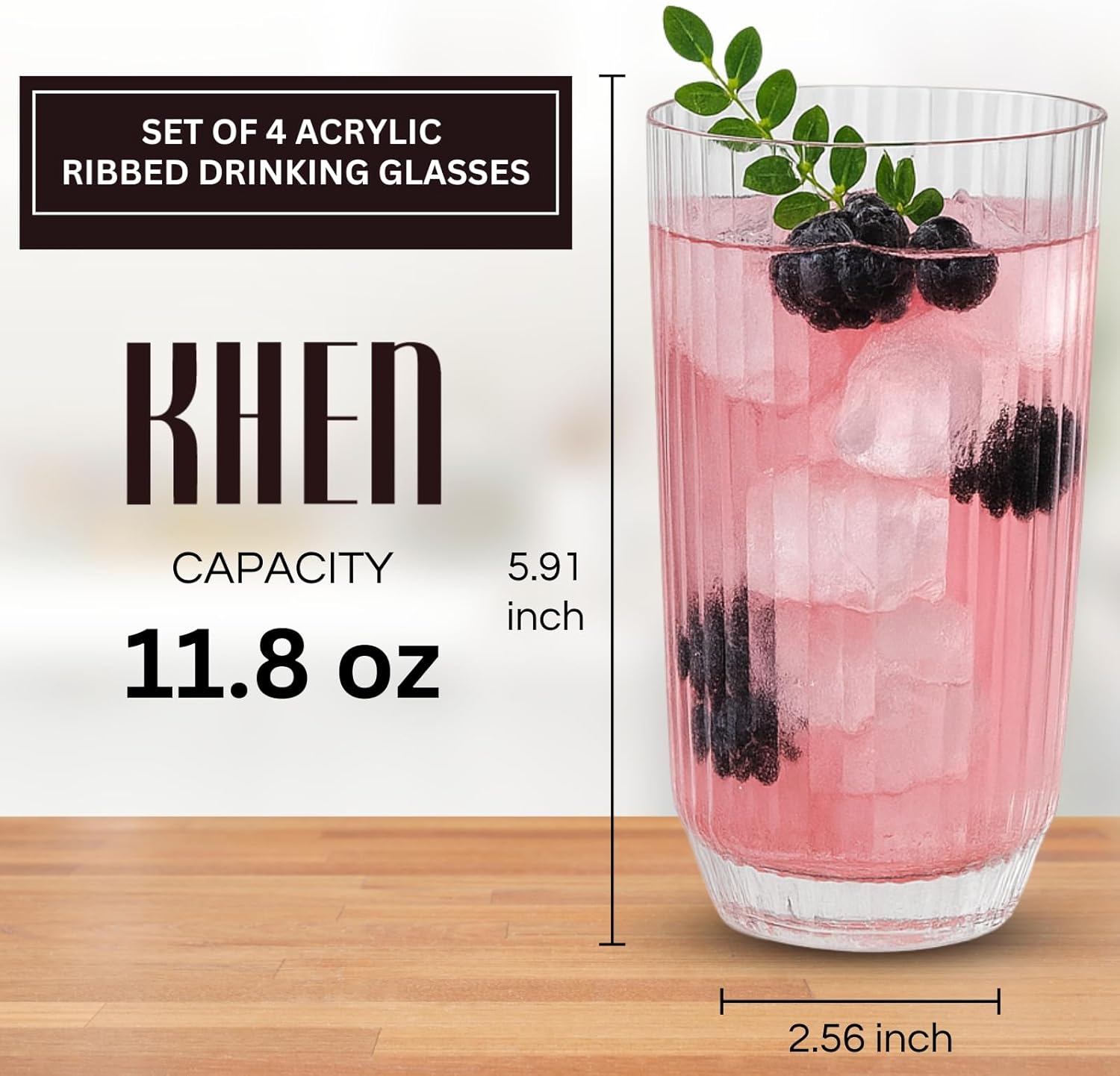 Khen Shatterproof Ribbed Drinking Glasses – Set of 4 Clear 12oz Tritan Tumblers, European Style Acrylic Drinkware – Durable, BPA - Free, Dishwasher Safe, Stackable & Unbreakable Plastic Cups - Boske.store