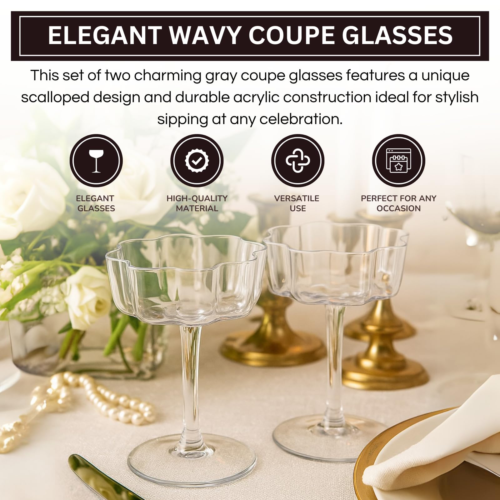Flower Wave Coupe Cocktail Colored Glasses | Set of 2 | Grey - Boske.store