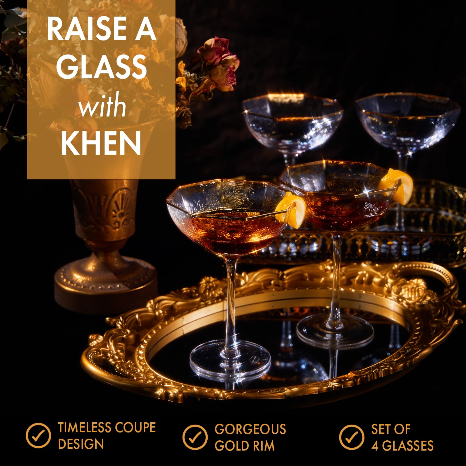 Khen Champagne Coupe Glasses Set of 4 Vintage Octagonal Gold Rim Elegant Art Glass Cocktail Goblets - 6oz Clear Gold Rim - Boske.store