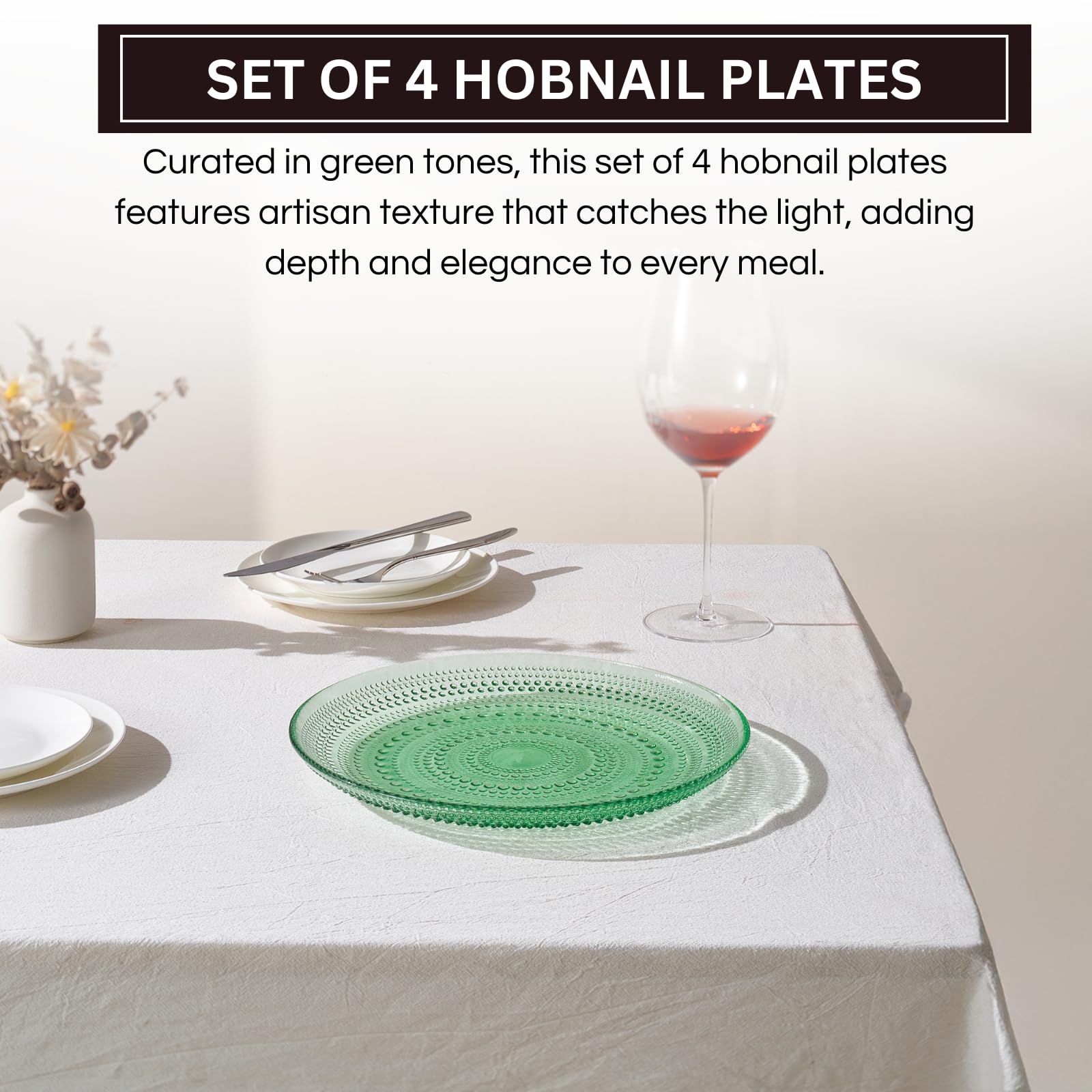 Glass Hobnail Dinner or Charger Plates | Set of 4 | Green - Boske.store