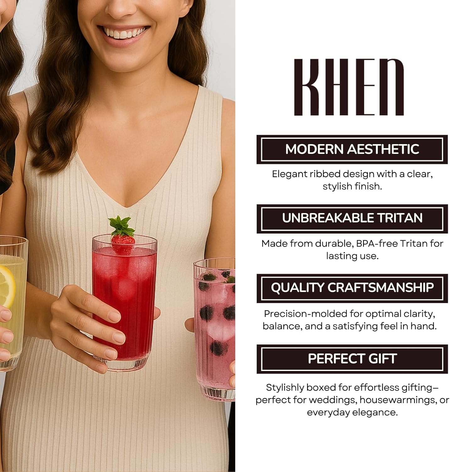 Khen Shatterproof Ribbed Drinking Glasses – Set of 4 Clear 12oz Tritan Tumblers, European Style Acrylic Drinkware – Durable, BPA - Free, Dishwasher Safe, Stackable & Unbreakable Plastic Cups - Boske.store