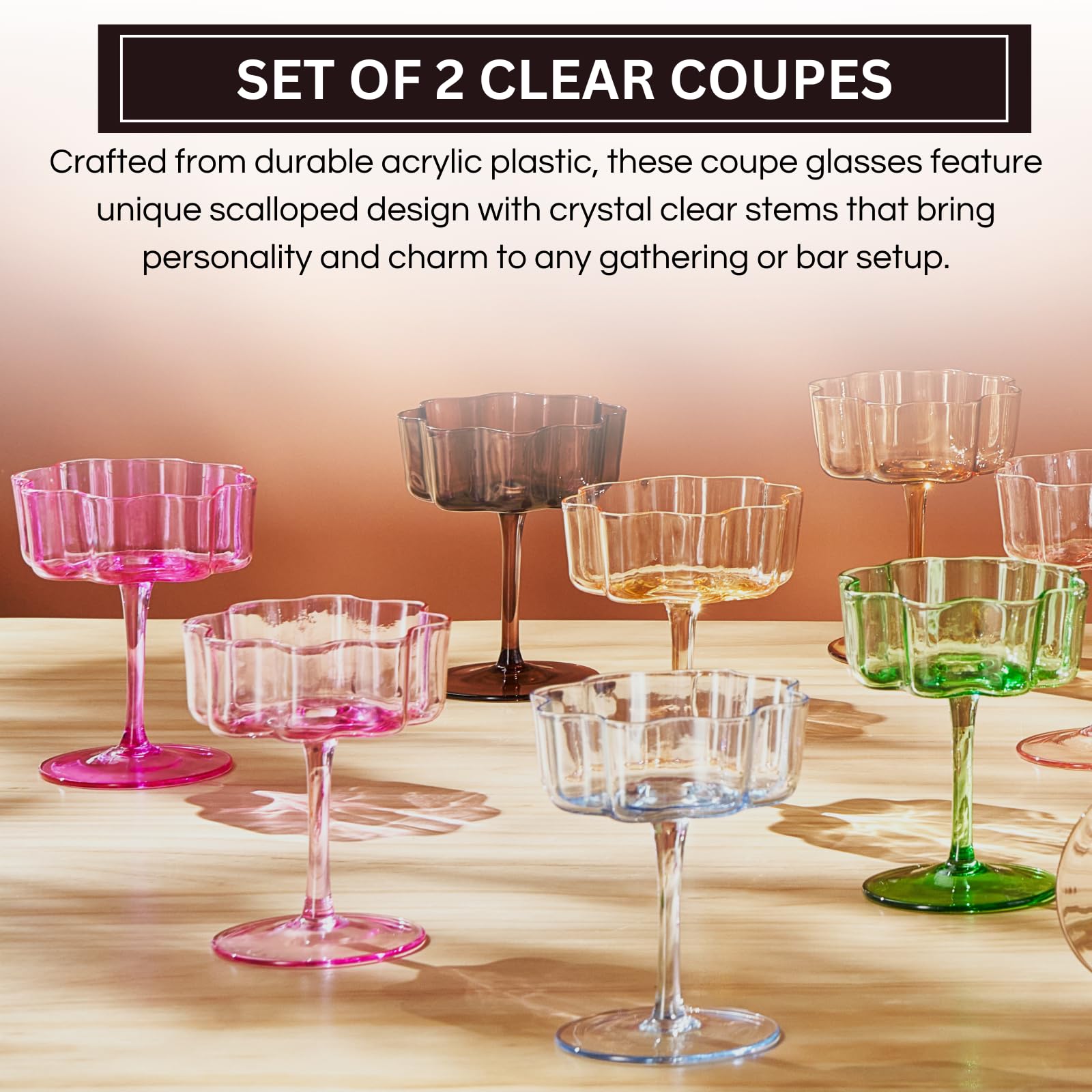 Flower Wave Coupe Cocktail Colored Glass | Set of 2 | Clear - Boske.store