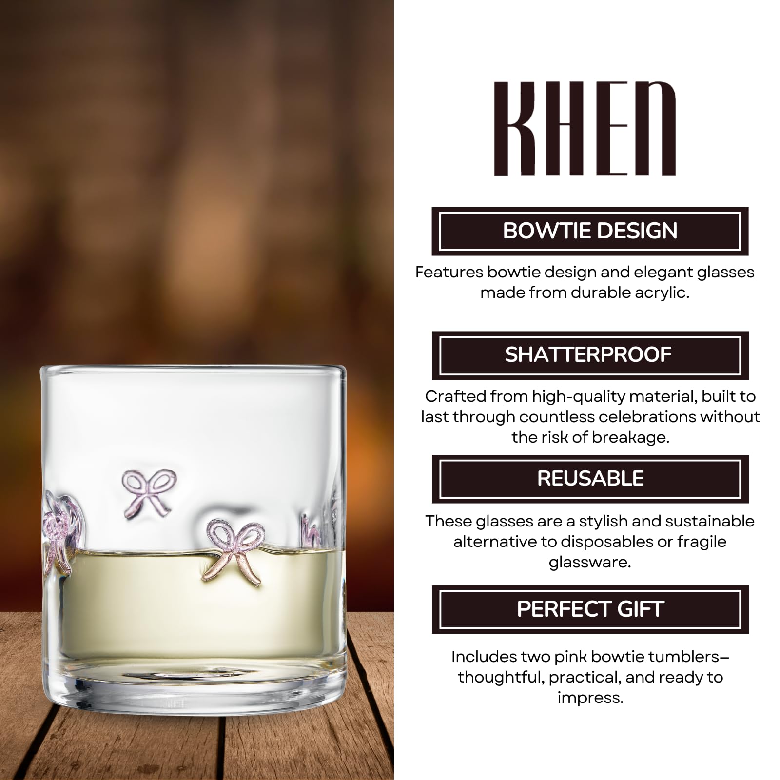 Khen Bowtie Tumblers Set Stylish Break Resistant Acrylic Drinkware for Cocktail Wedding Gift Use - Set of 2 Pink - Boske.store
