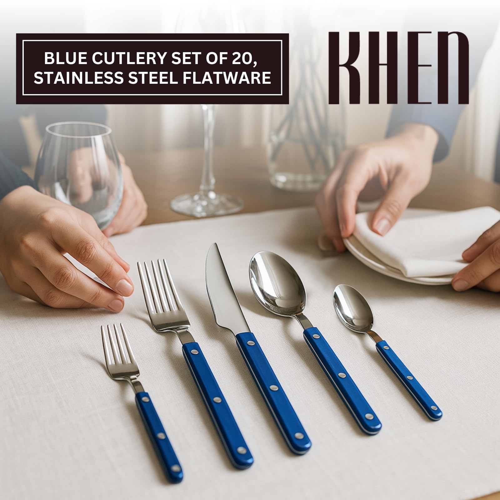 Khen Blue Cutlery Set of 20 –18/8 Stainless Steel Flatware - Boske.store