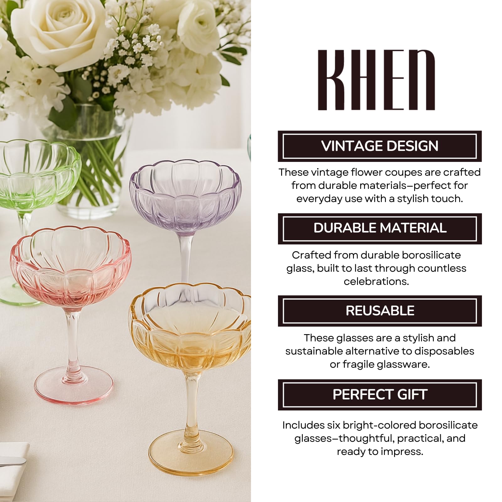Flower Coupe Cocktail Glasses | Set of 4 | Bright Colors - Boske.store
