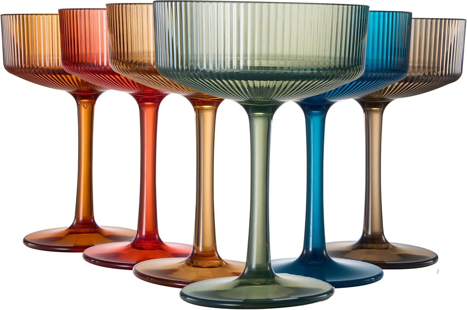 Shatterproof Acrylic Ribbed Vintage Art Deco Martini, Champagne & Cocktail Muted Color Plastic Tritan Coupe Glasses | Set of 6 | 8 oz Ripple Glassware Classic Cocktail Indoor & Outdoor, European Style - Boske.store