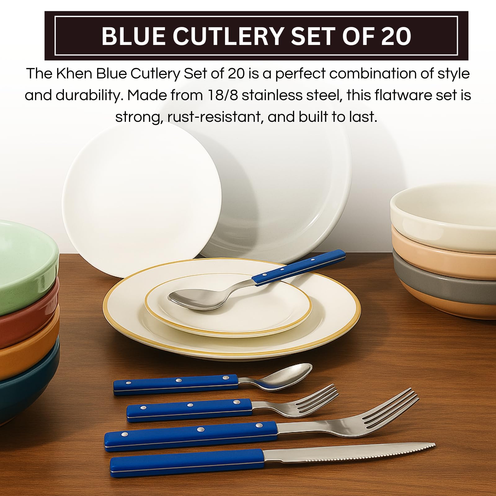 Khen Blue Cutlery Set of 20 –18/8 Stainless Steel Flatware - Boske.store