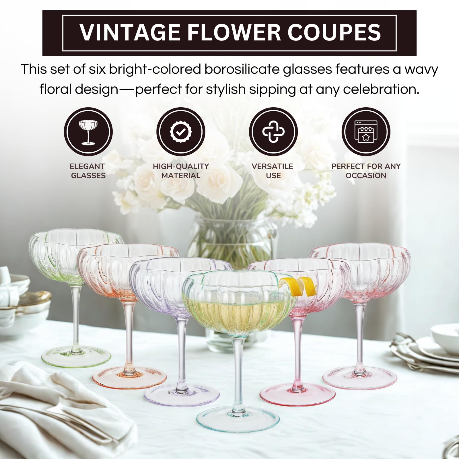Flower Coupe Cocktail Glasses | Set of 4 | Bright Colors - Boske.store
