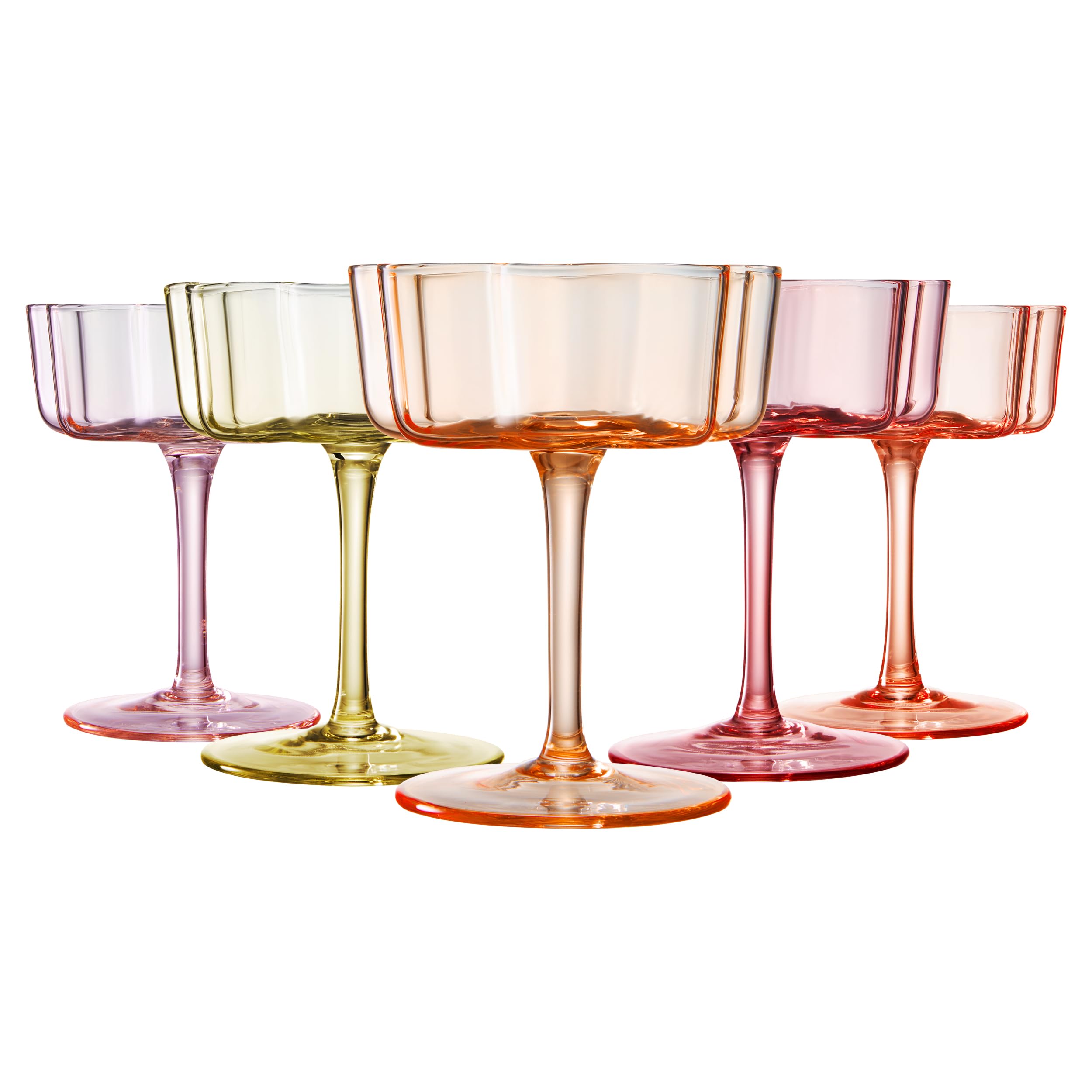 Flower Wave Coupe Cocktail Colored Glasses | Set of 5 | Fall/Holiday Colors - Boske.store