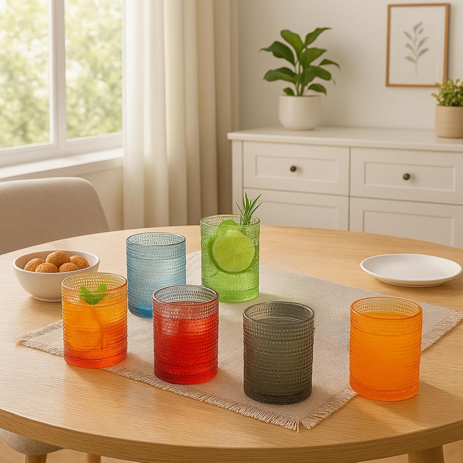 Khen Hobnail Acrylic Lowball Glasses – Retro - Inspired Set of 6 Colorful & Black Tumblers, 10 oz Unbreakable BPA - Free Drinkware – Vintage Textured Design, Stackable, Dishwasher Safe - Boske.store