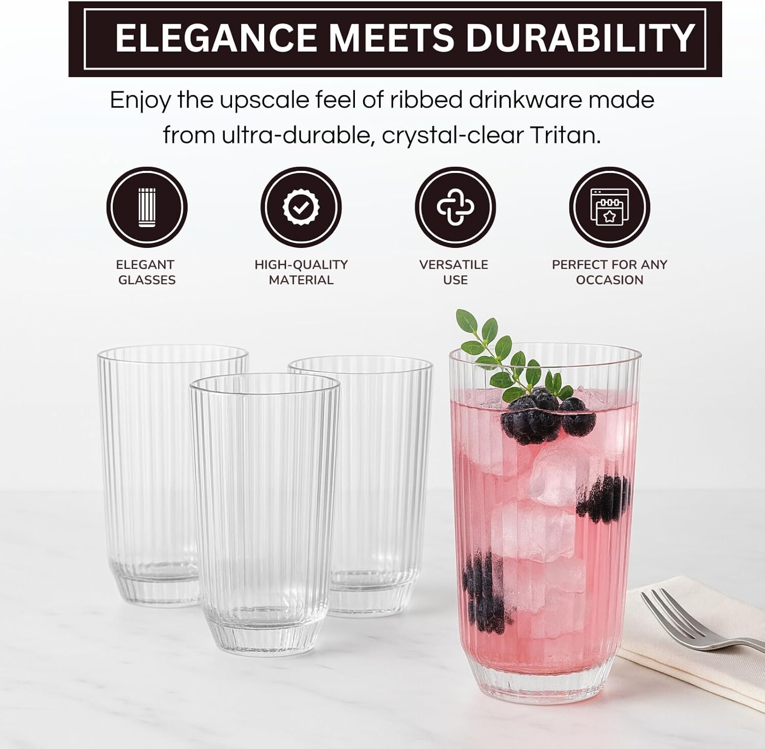 Khen Shatterproof Ribbed Drinking Glasses – Set of 4 Clear 12oz Tritan Tumblers, European Style Acrylic Drinkware – Durable, BPA - Free, Dishwasher Safe, Stackable & Unbreakable Plastic Cups - Boske.store