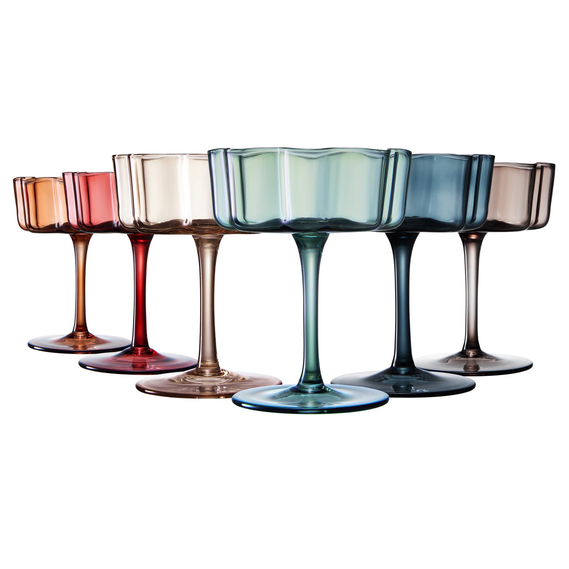 Flower Wave Coupe Cocktail Colored Glasses | Set of 6 | Muted Colors - Boske.store