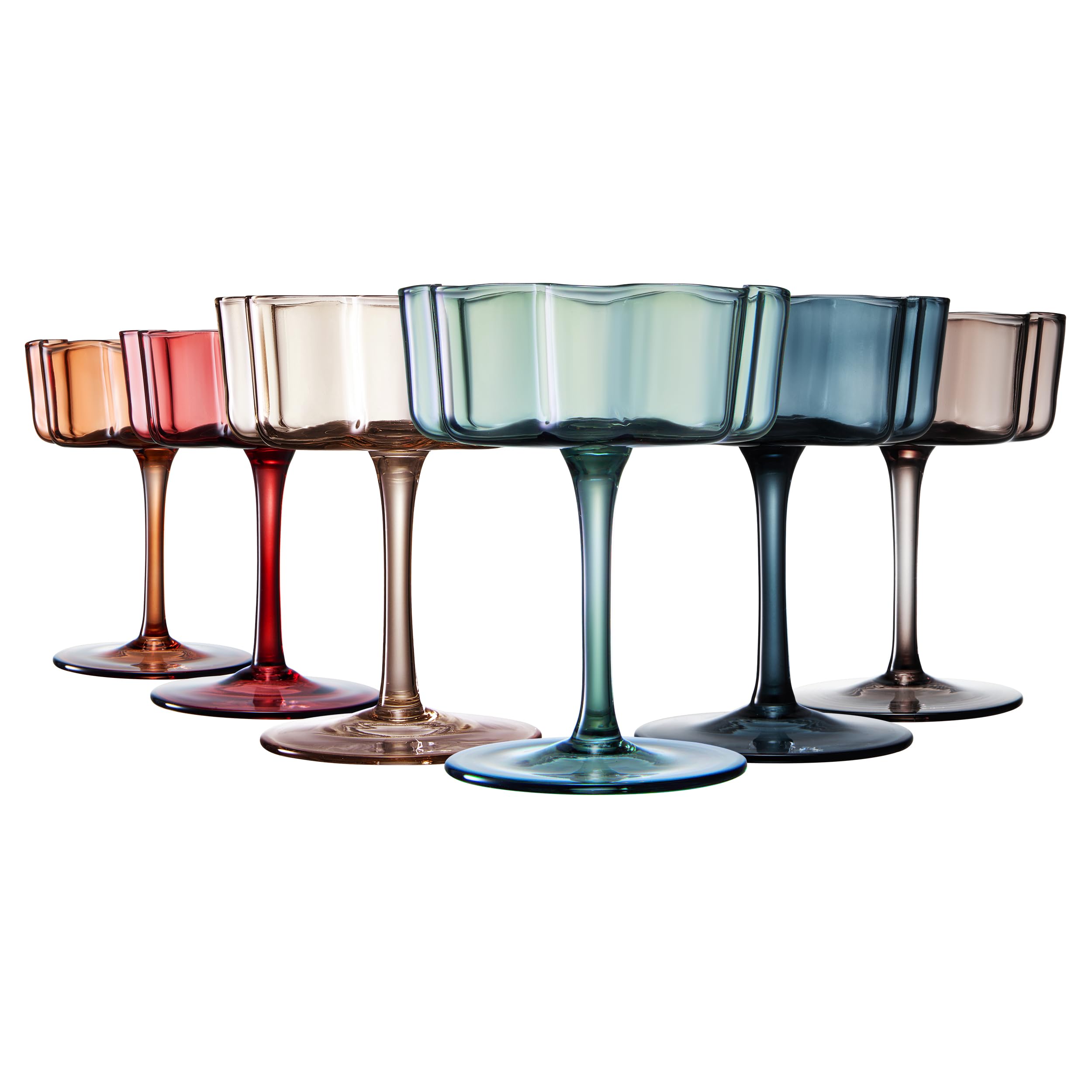 Flower Wave Coupe Cocktail Colored Glasses | Set of 6 | Muted Colors - Boske.store