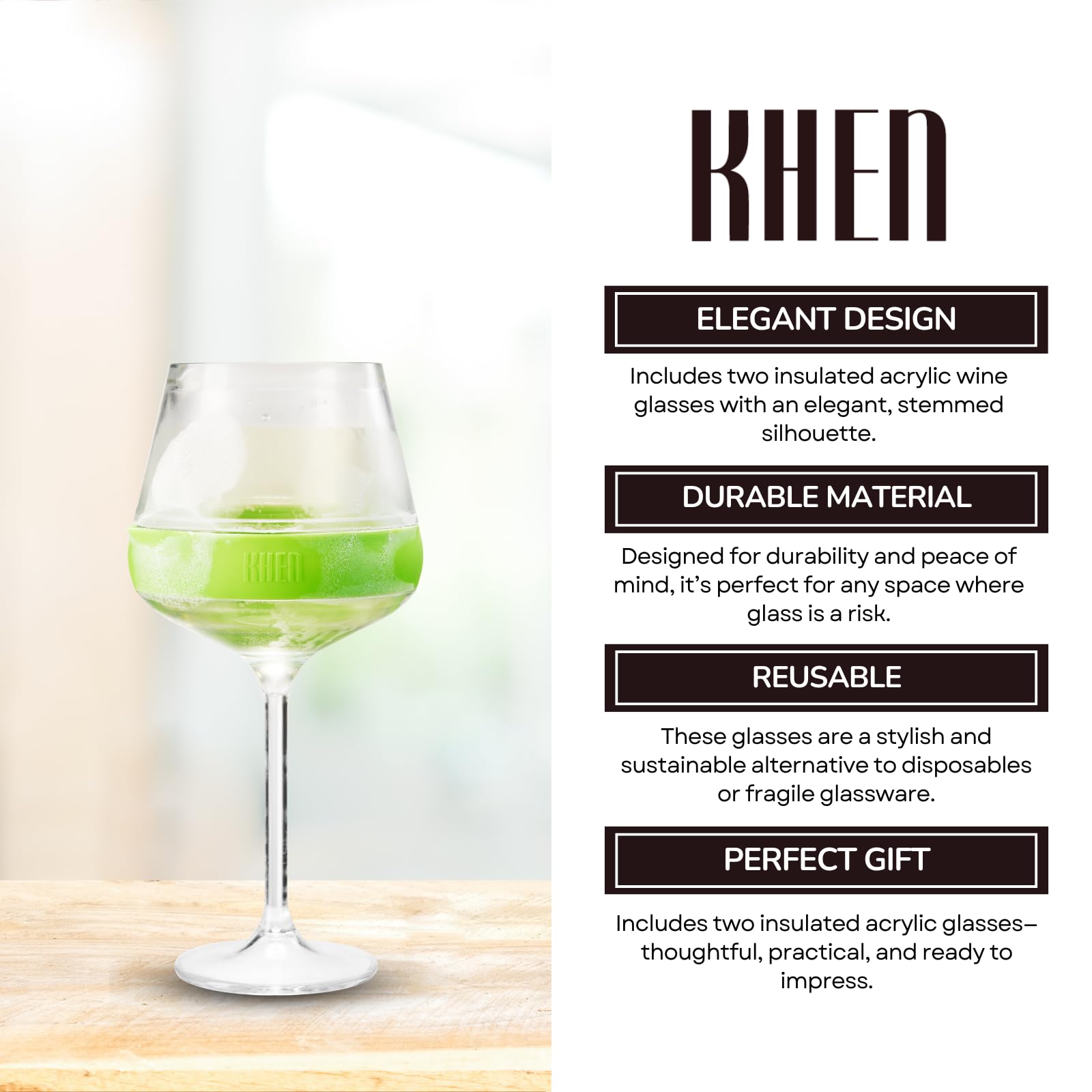 Stemmed Acrylic Cooling Wine  Glasses 14oz | Set of 2 | Green - Boske.store