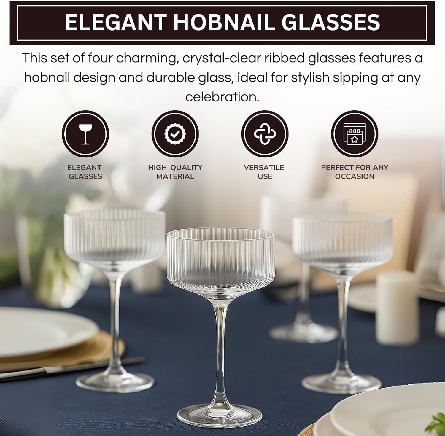 Ribbed Coupe Glasses Set Crystal Bar Drinkware Vintage Style Cocktail Martini Champagne Glassware – 10oz Clear - Boske.store