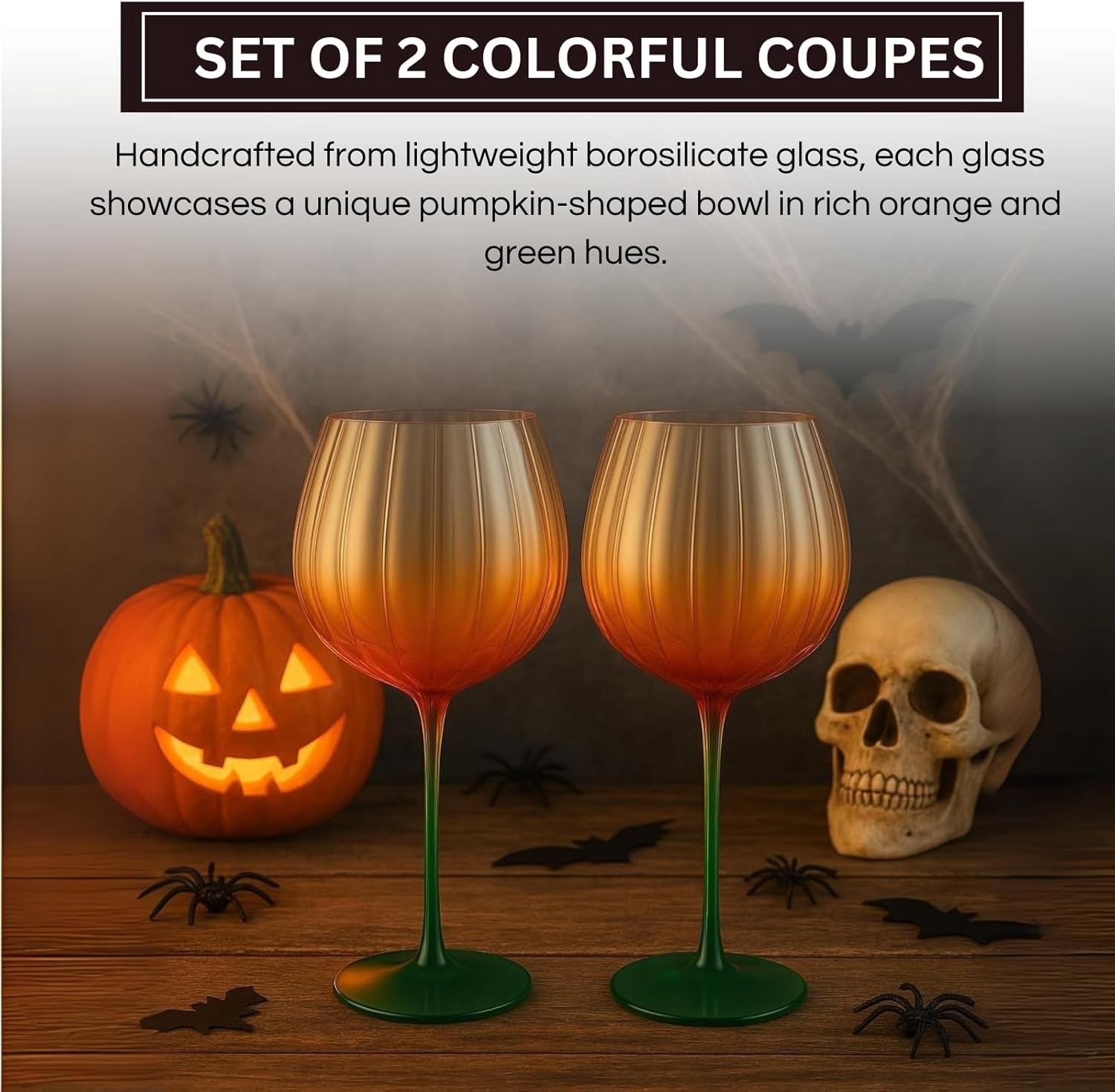 Khen Pumpkin Wine Glasses Fall Inspired Lightweight Borosilicate Decorative Drinkware Stemware - Set of 2 Orange & Green - Boske.store