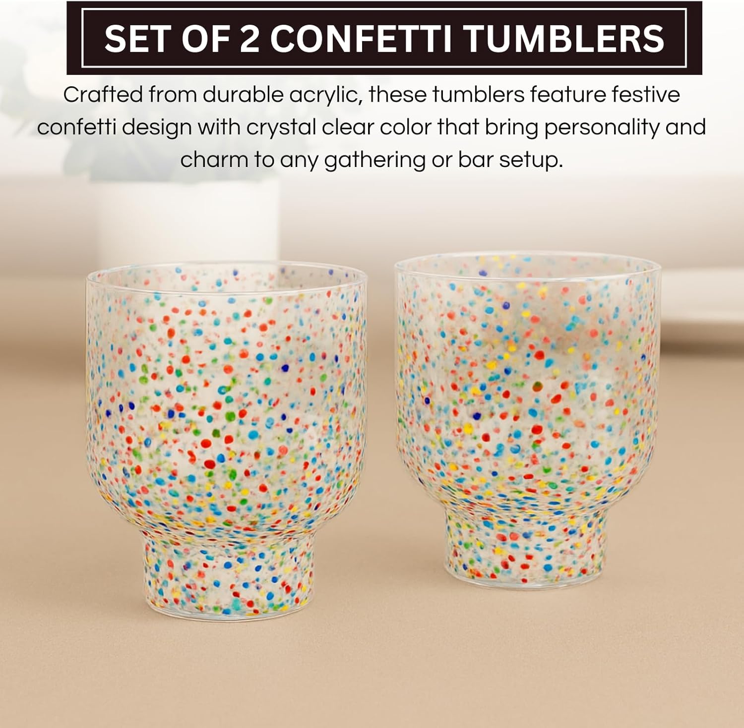 Khen Confetti Stemless Tumblers Set Colorful Drinkware Barware Clear Festive Cups - 12oz Clear - Boske.store